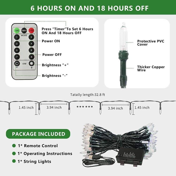 100 LED Outdoor Christmas Lights 33ft - Battery-Powered Waterproof String Lights with Timer & 8 Lighting Modes - Perfect for Holiday Decorations, Parties, Garden, Patio, and Indoor Festive Lighting (White)