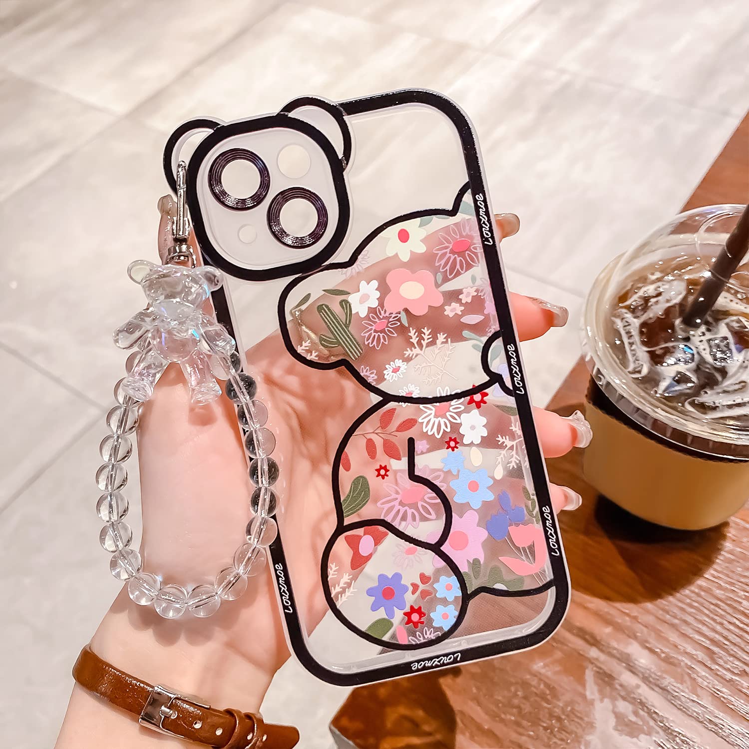 Ownest iPhone 13 Case - Cute Floral Bear Pattern with Chain, Slim Soft Flexible TPU Rubber Protective Cover for Women & Girls (Black) | Perfect for Everyday Use, Fashion Accessory & Gift Idea