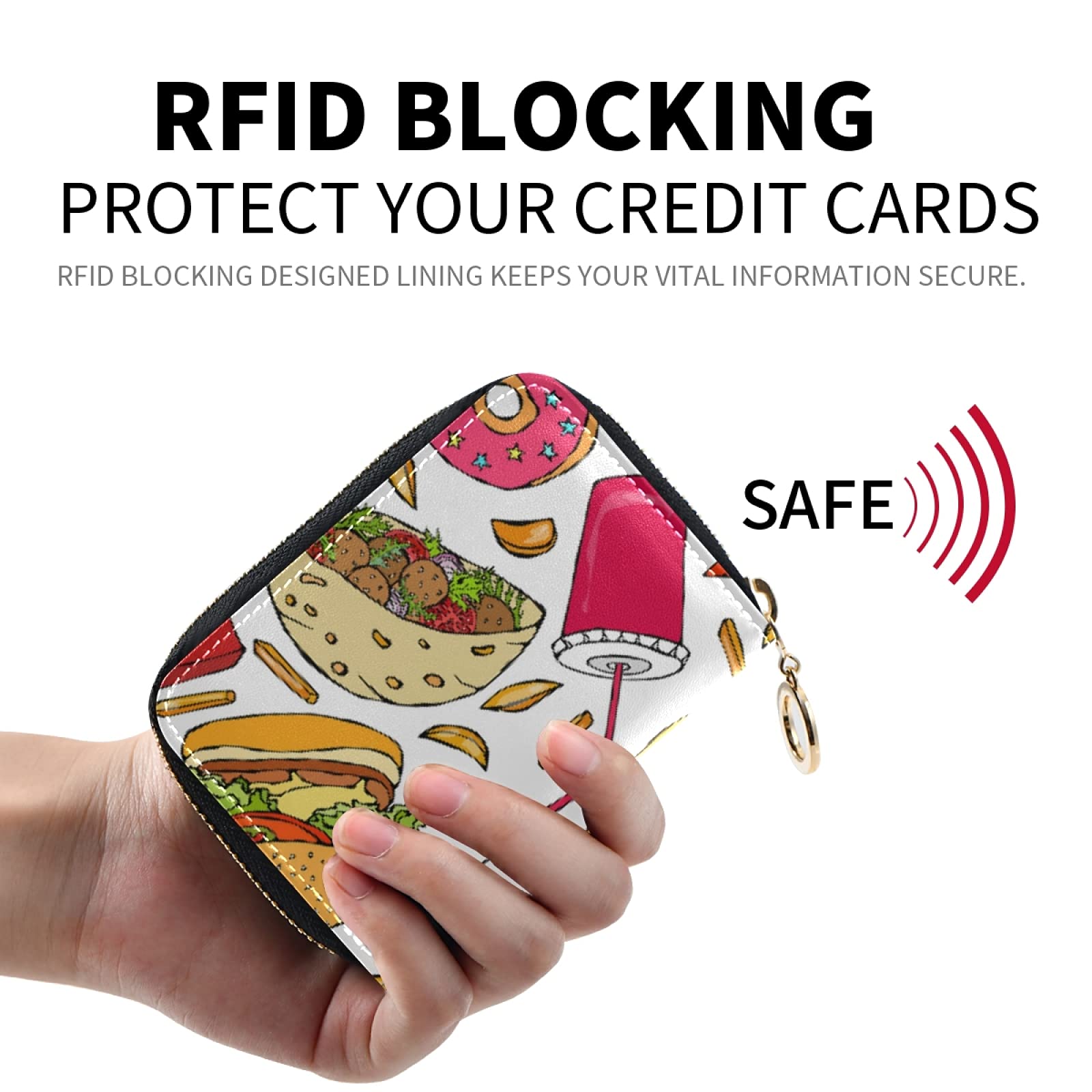 RFID Blocking Women's Leather Wallet - Compact Credit Card Holder with Zipper for Coins, Keys & Change | Stylish Purse Organizer for Burgers, French Fries & Donut Shops | Perfect Clutch Pouch for Everyday Use & Travel