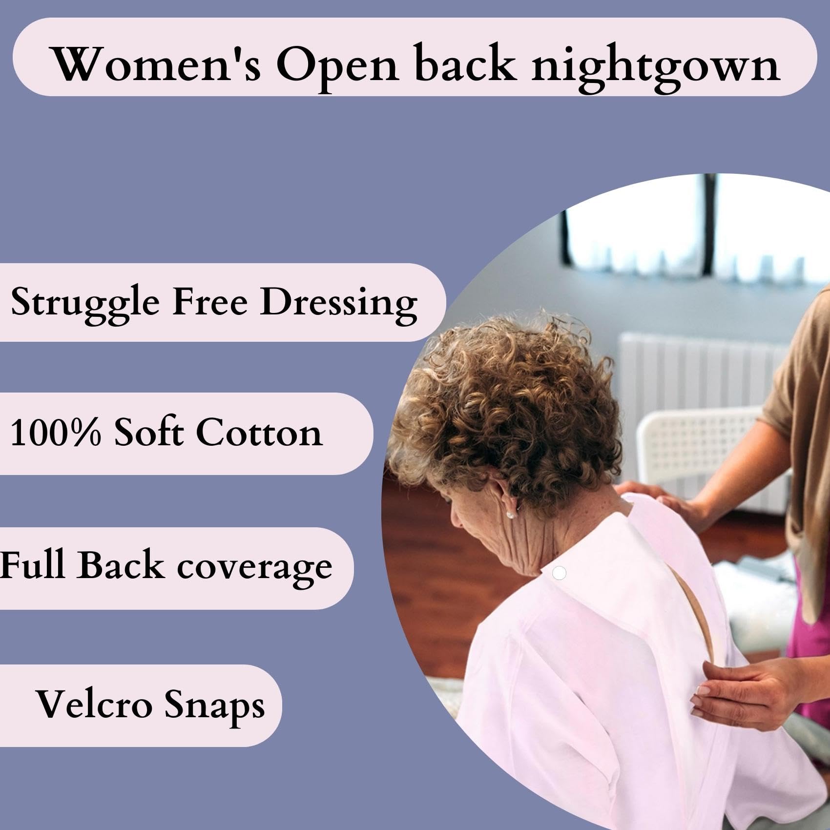 Comfortable Cotton Open Back Nightgown for Women - 3-Pack Long Sleeve Lace Nightshirts - Pink L-XL - Ideal for Bedridden Patients & Home Care
