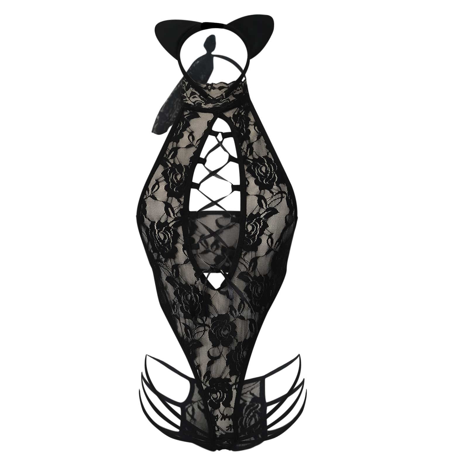 Sexy Hollow Out Lace Catgirl Bodysuit - Women's Erotic Lingerie for Roleplay & Intimate Moments | Perfect for Valentine's Day, Boudoir Photography & Cosplay