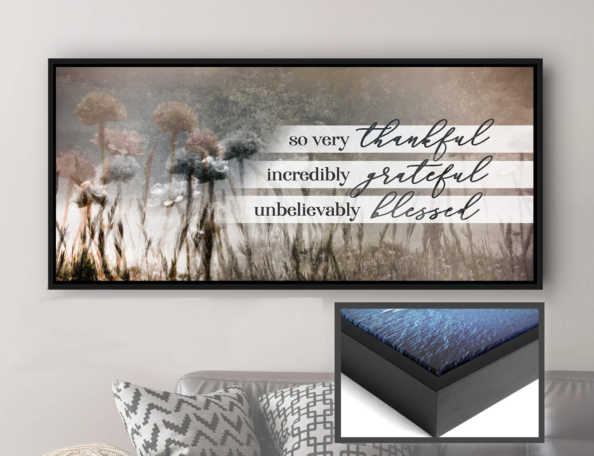Rustic Dandelion Wall Art - So Very Thankful Blessed Religious Canvas Print with Black Floating Frame (42x19 inches) | Nature Inspired Home Decor for Living Room, Bedroom & Office