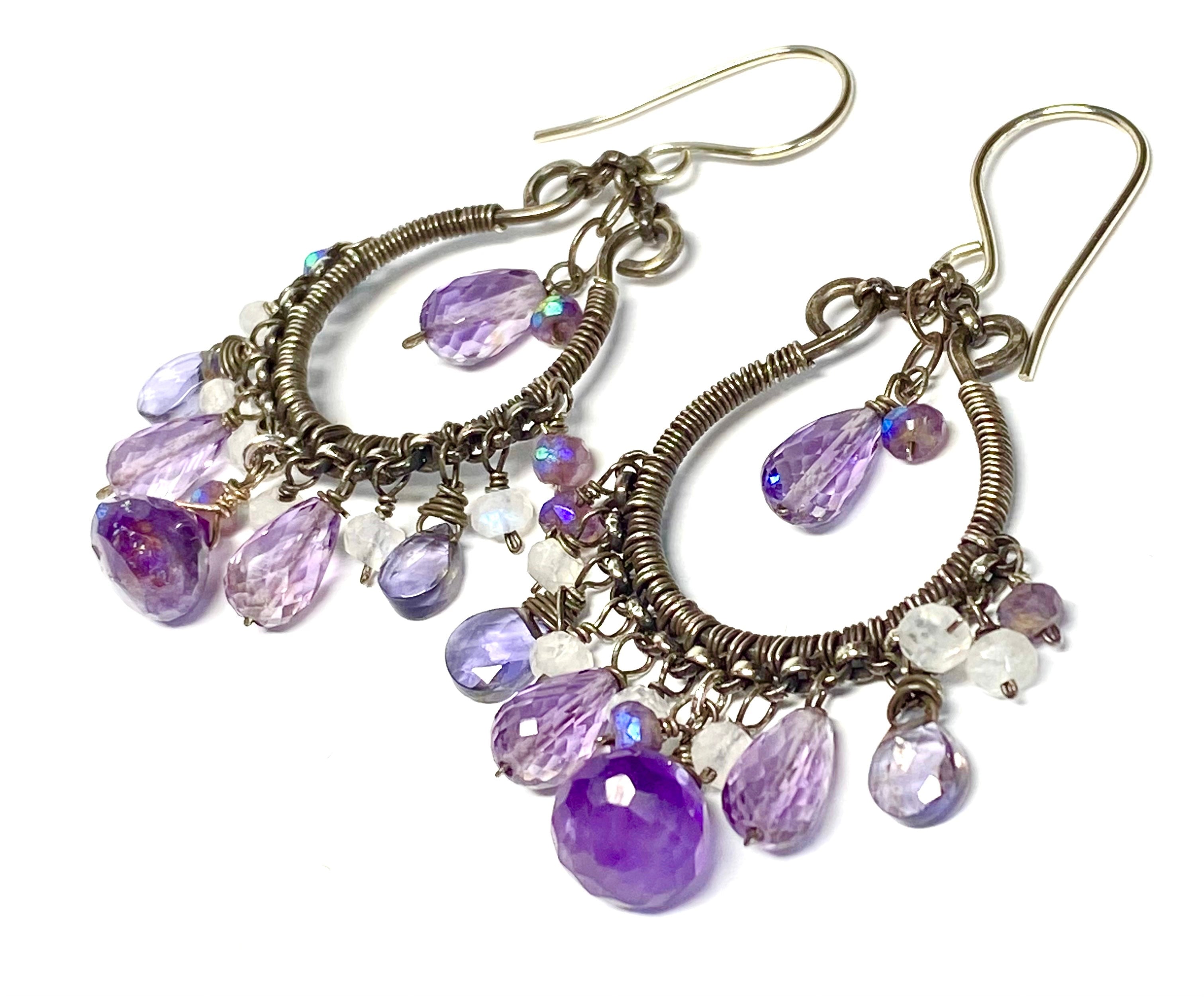 Blue Violet Oxidized Silver Hoop Chandelier Earrings with Iolite, Lavender & Purple Amethyst Gemstones | Elegant Bohemian Jewelry for Women | Perfect for Weddings, Parties & Special Occasions