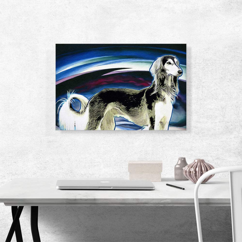ARTCANVAS Borzoi Dog Breed Canvas Art Print - Black, Blue, White & Pink Stretched Framed Painting - 26x18 Inch Wall Decor for Living Room, Bedroom & Office - Premium Giclee Poster with 1.5