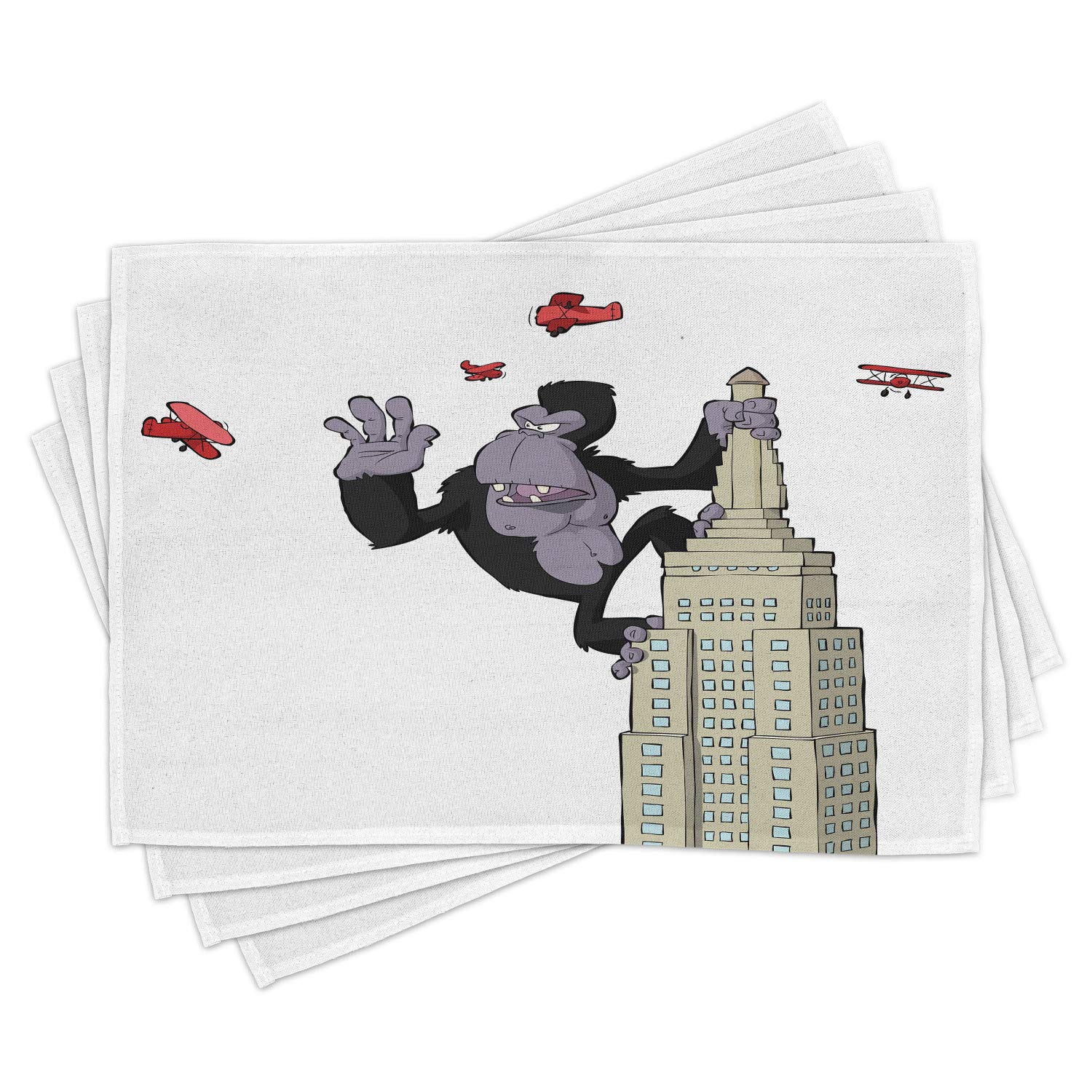 Ambesonne 4-Piece Animal Placemats Set - Cartoon Monkey on Skyscraper & Airplanes Design, Washable Fabric Table Mats for Dining Room & Kitchen Decor in Beige, Black & Red | Perfect for Family Dinners, Parties & Home Styling