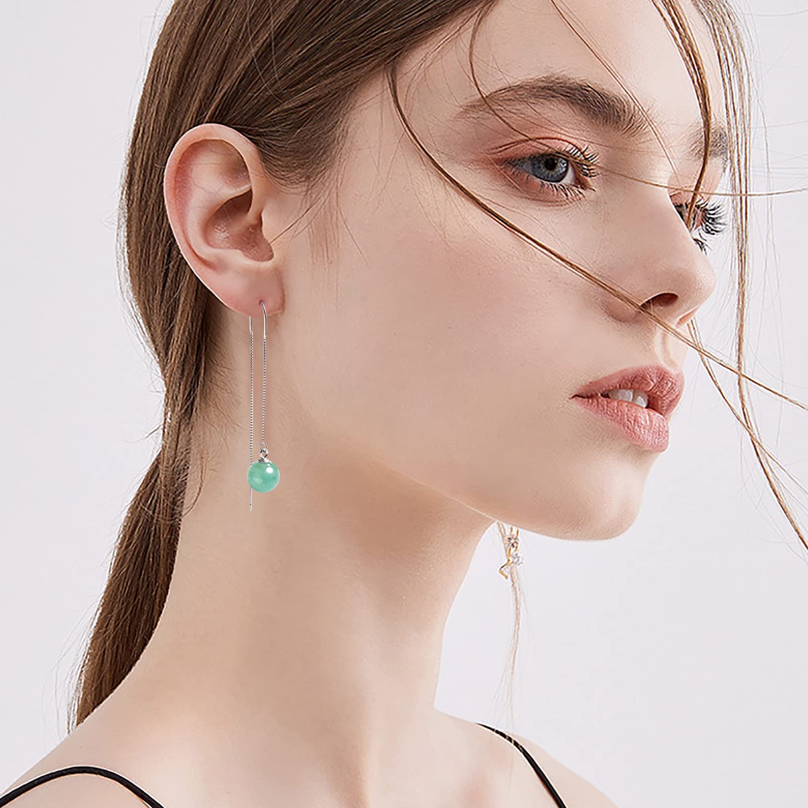 Green Jade Drop Dangle Earrings for Women - Elegant U-Shaped Threader Earrings with Lucky Charm | Perfect Birthday Gift, Back to School Present & August Birthstone Jewelry | Ideal for Weddings, Parties and Everyday Wear
