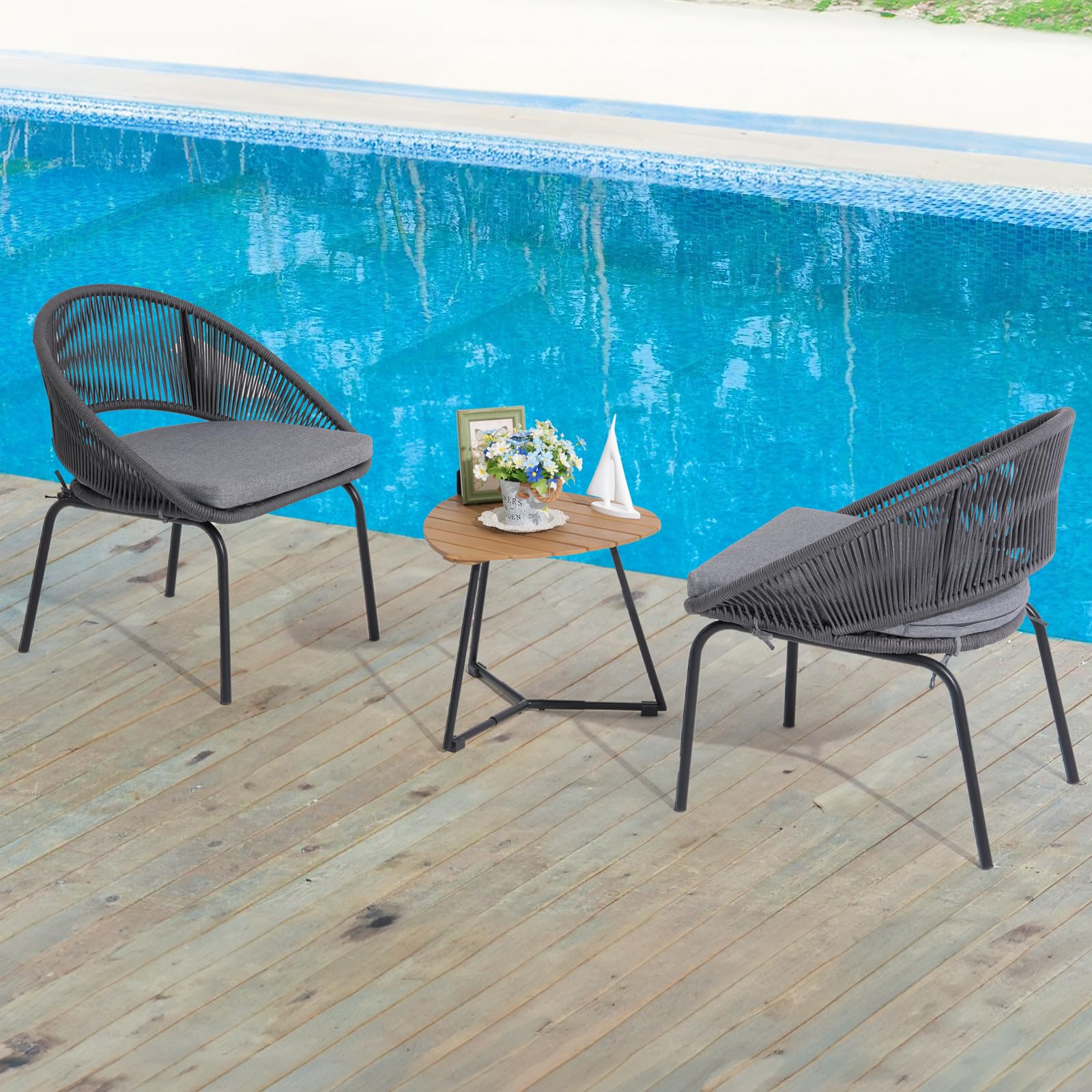 Yangming 3-Piece Outdoor Patio Furniture Set - Woven Rope Bistro Chairs with Wood Coffee Table for Garden, Backyard, Deck, Poolside & Balcony | Perfect for Relaxing, Entertaining & Outdoor Dining