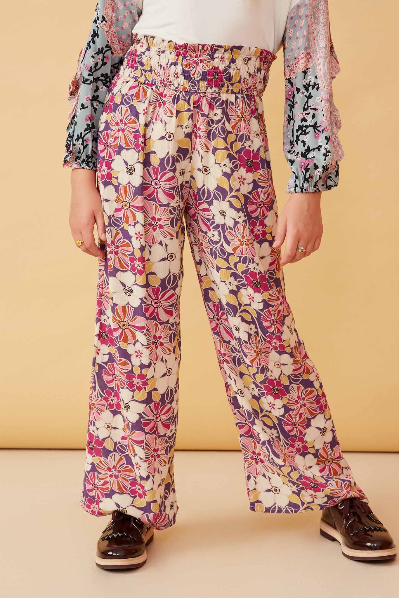 Floral Print Smocked Elastic Waist Wide Leg Pants for Women - Comfortable Boho Summer Palazzo Trousers for Beach, Vacation and Casual Wear