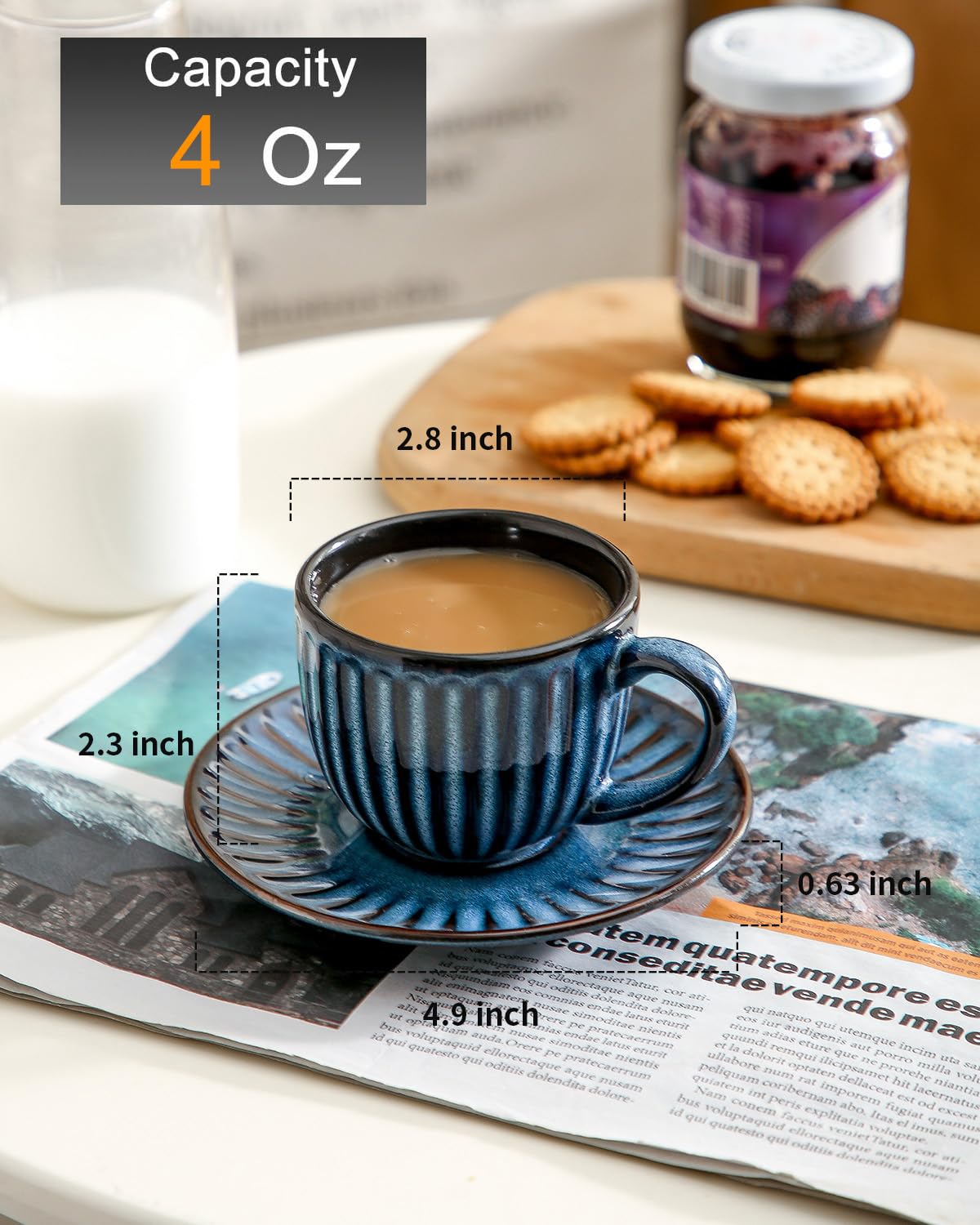 Hasense 4 Oz Ceramic Espresso Cups with Saucers Set of 4 - Ribbed Cappuccino Cups for Coffee, Latte, Macchiato & Double Shot - Aesthetic Demitasse Cup Gift Set (Blue) - Perfect for Home Cafes, Coffee Shops & Gifts