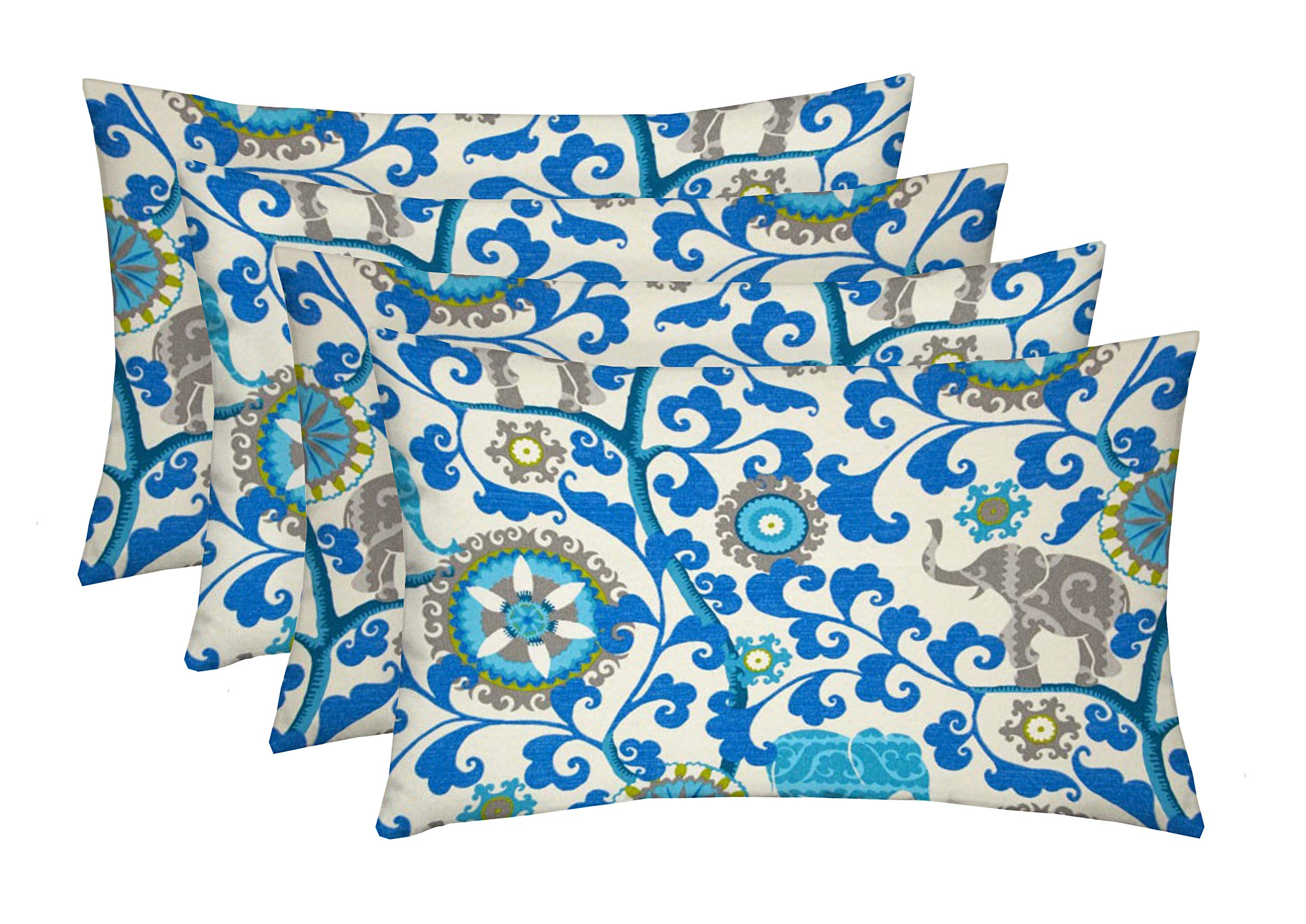 RSH DECOR: Set of 4 Lumbar Throw Pillows 20”x12” - All-Weather Spun Fabric, Water & Fade Resistant - Outdoor Cushions for Patio Furniture - Blue Elephant Bohemian Design - Perfect for Porch, Deck, Garden & Poolside Relaxation
