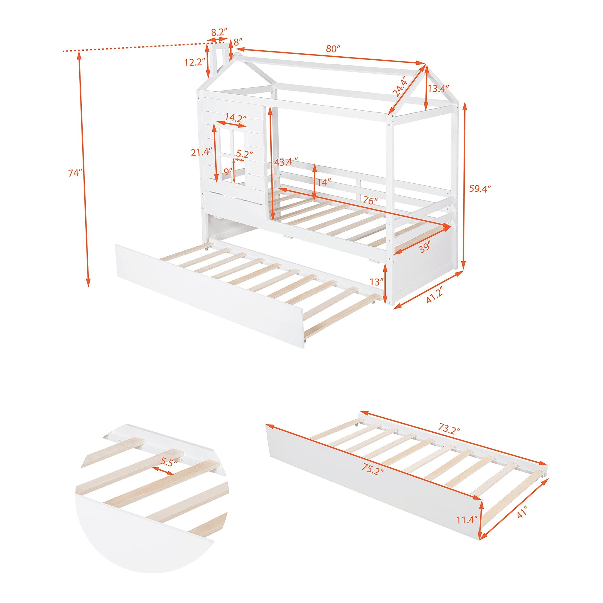Harper & Bright Designs Twin House Bed for Kids - White Twin Daybed with Trundle, Playhouse Bed Frame with Roof & Windows - Perfect for Bedrooms, Playrooms & Kids' Decor (Twin Size)
