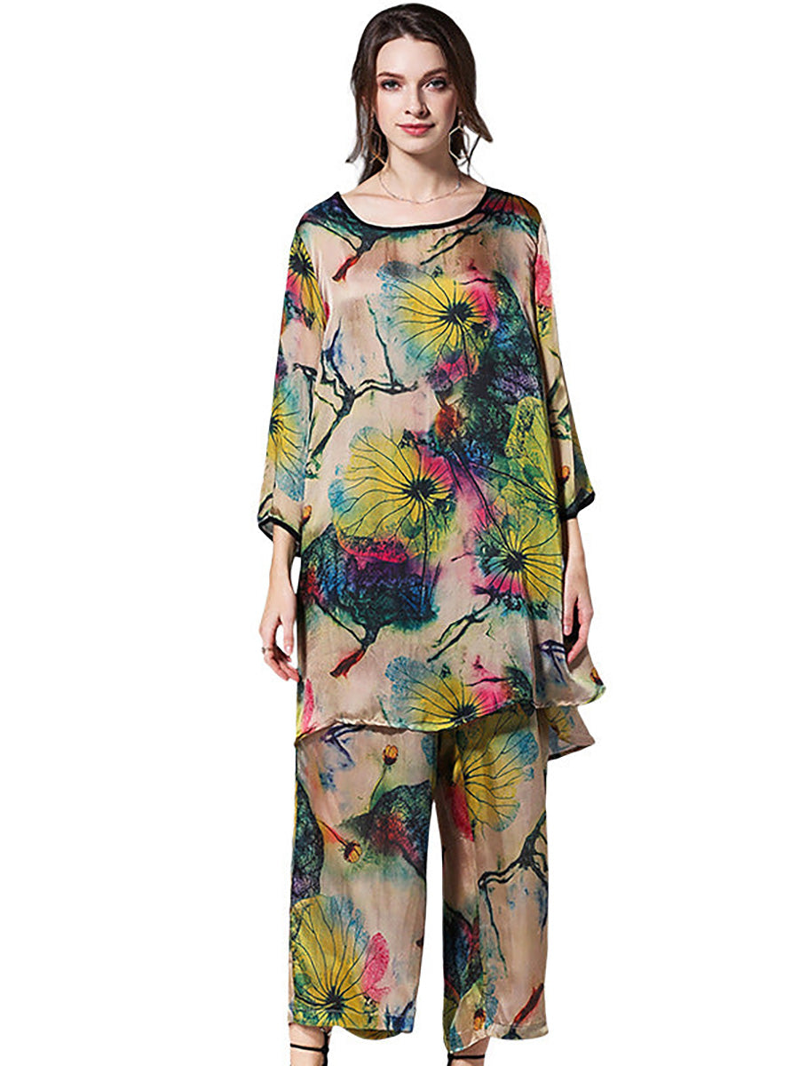 Plus Size Floral Print Loose Blouse and Wide Leg Pants Set - Women's Casual Outfit for Summer, Beach, and Office Wear