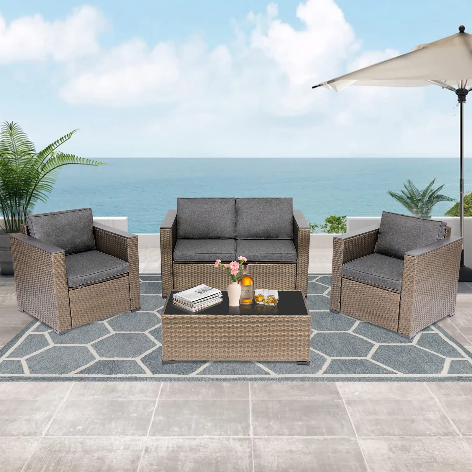 4-Piece Outdoor Patio Furniture Set - PE Wicker Sectional Sofa with Coffee Table, Grey - Waterproof & Durable for Backyard, Garden, Lawn, or Poolside Relaxation