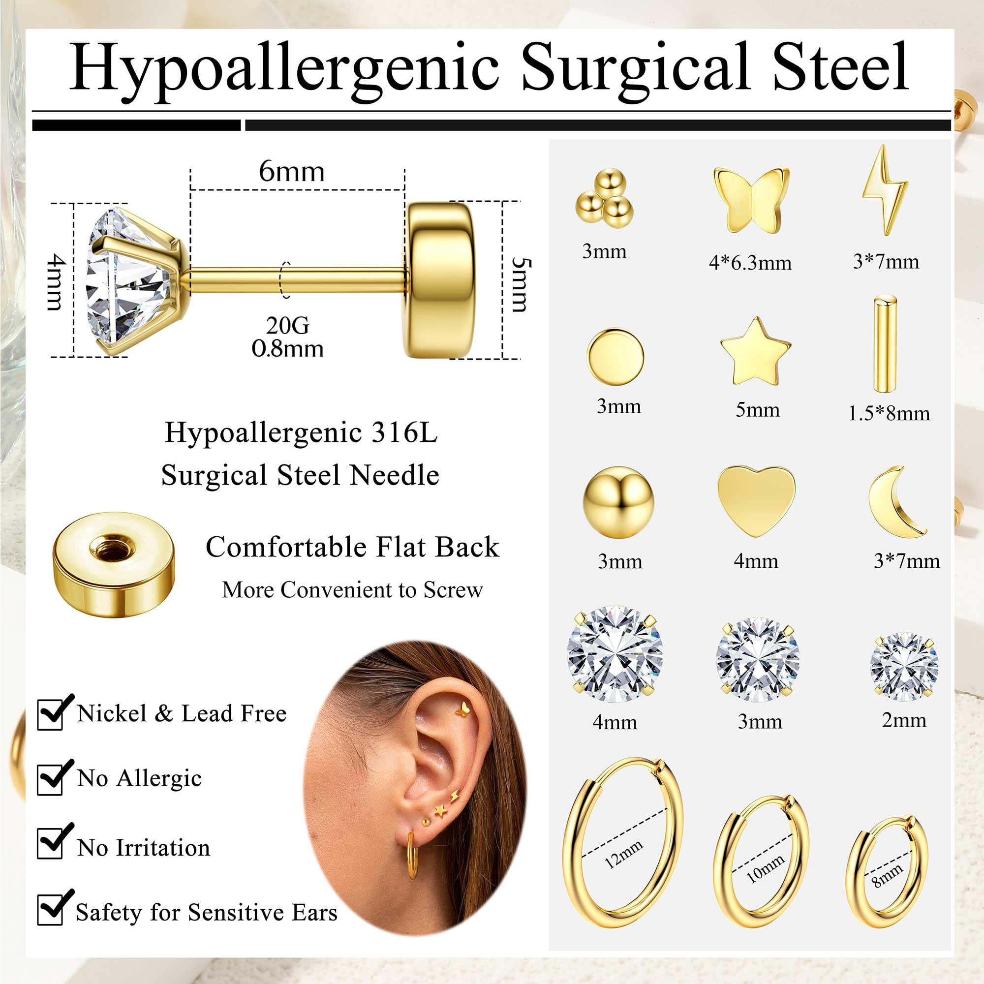 Hypoallergenic 14K Gold Plated Surgical Steel Earrings for Sensitive Ears - Flat Back Stud & Hoop Earring Set for Women & Men - Perfect for Cartilage, Helix, Lobe Piercings - Ideal for Daily Wear, Gifts & Special Occasions