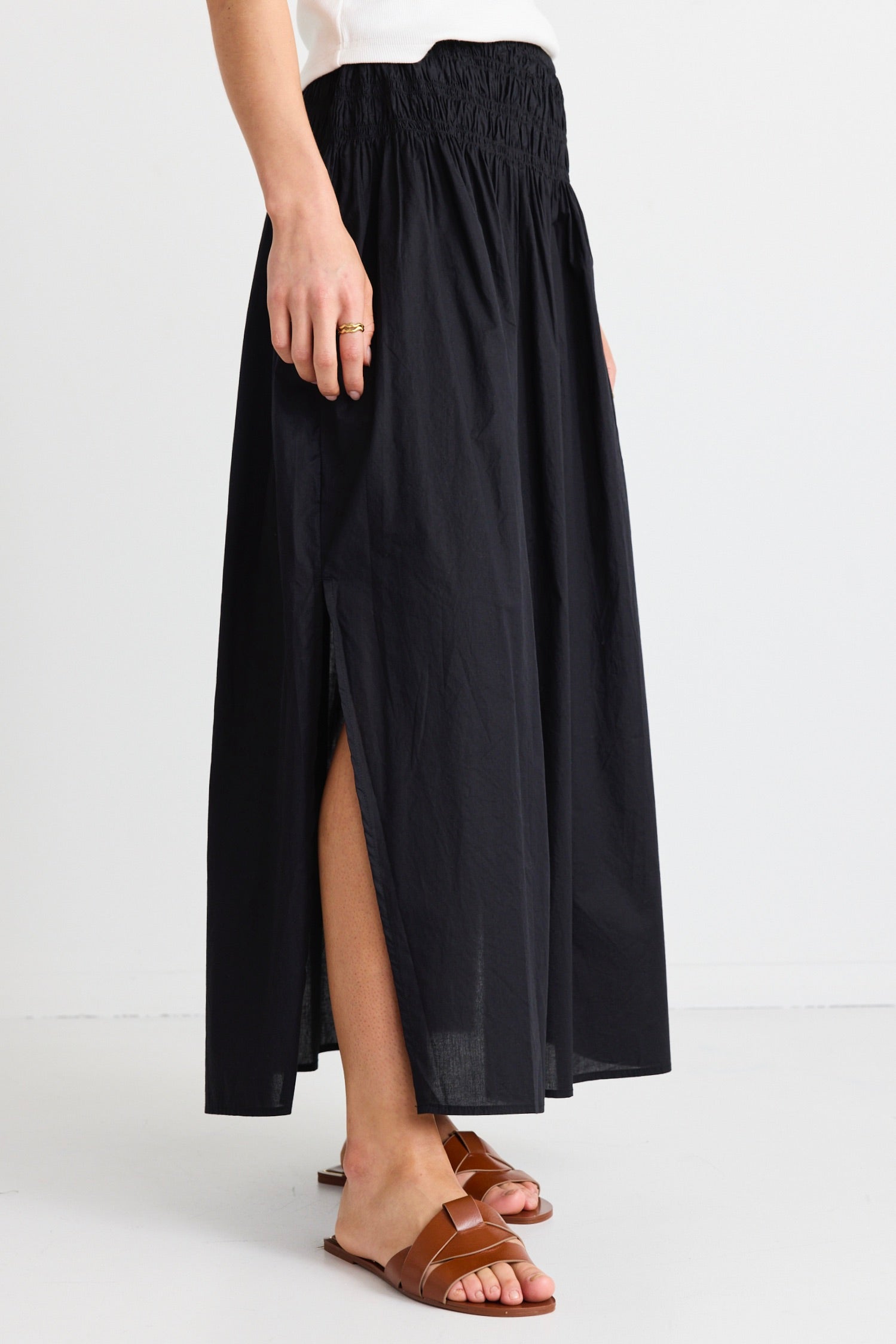 Finch Black Cotton Shirred Waist Maxi Skirt for Women - Flowy Summer Beach Dress with Elastic High Waist - Perfect for Vacation, Date Night & Boho Outfits