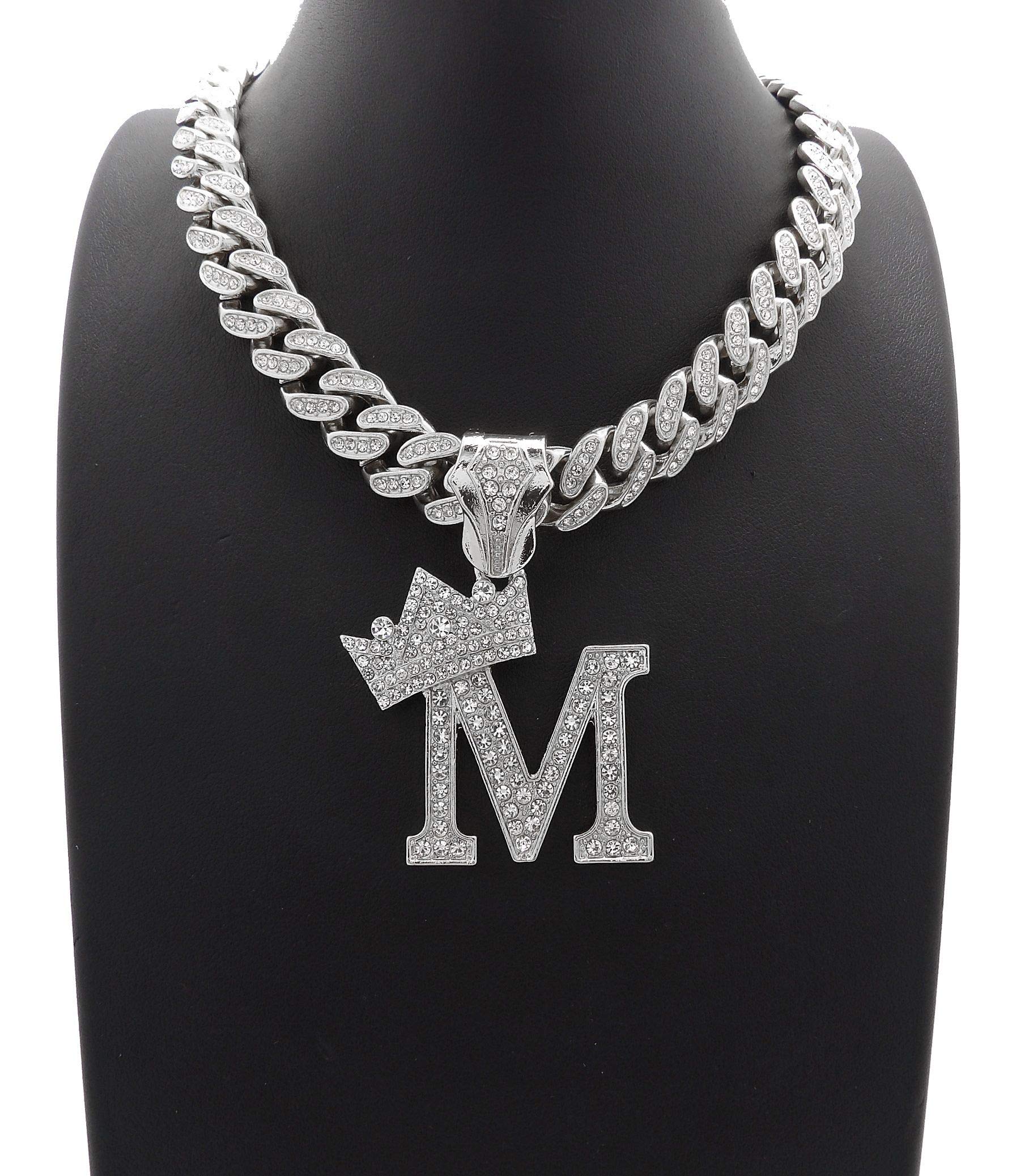NYFASHION101 12mm Iced Out Miami Cuban Chain Necklace with Stone Stud Crowned Initial Pendant - Elegant Jewelry for Women, Perfect for Parties, Dating & Gifts
