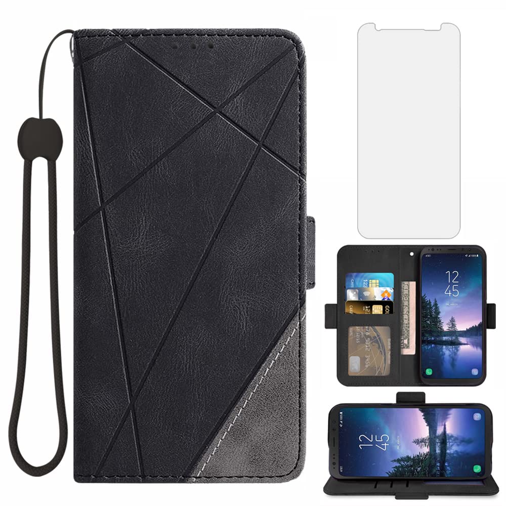 ASUWISH Samsung Galaxy S8 Active Wallet Case with Card Holder & Kickstand - Flip Cover with Tempered Glass Screen Protector - Compatible with Galaxy S8 Active/G892A (Black) - Perfect for Work, Travel & Daily Use