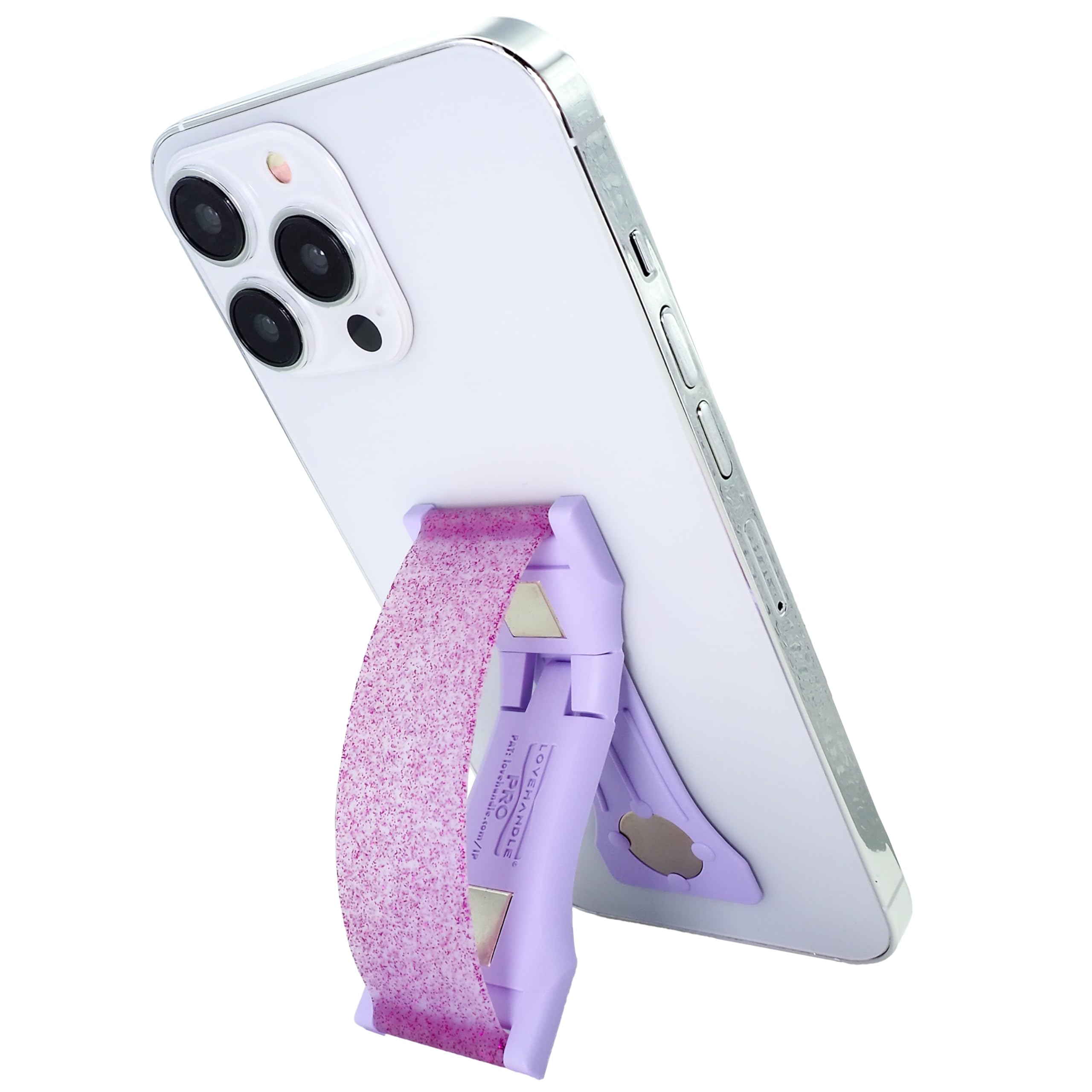LOVEHANDLE PRO Premium Phone Grip - Magnetic Phone Holder & Kickstand for iPhone, Samsung, Smartphones & Tablets - Amethyst Glitter Silicone Strap - Perfect for Driving, Workouts & Hands-Free Use