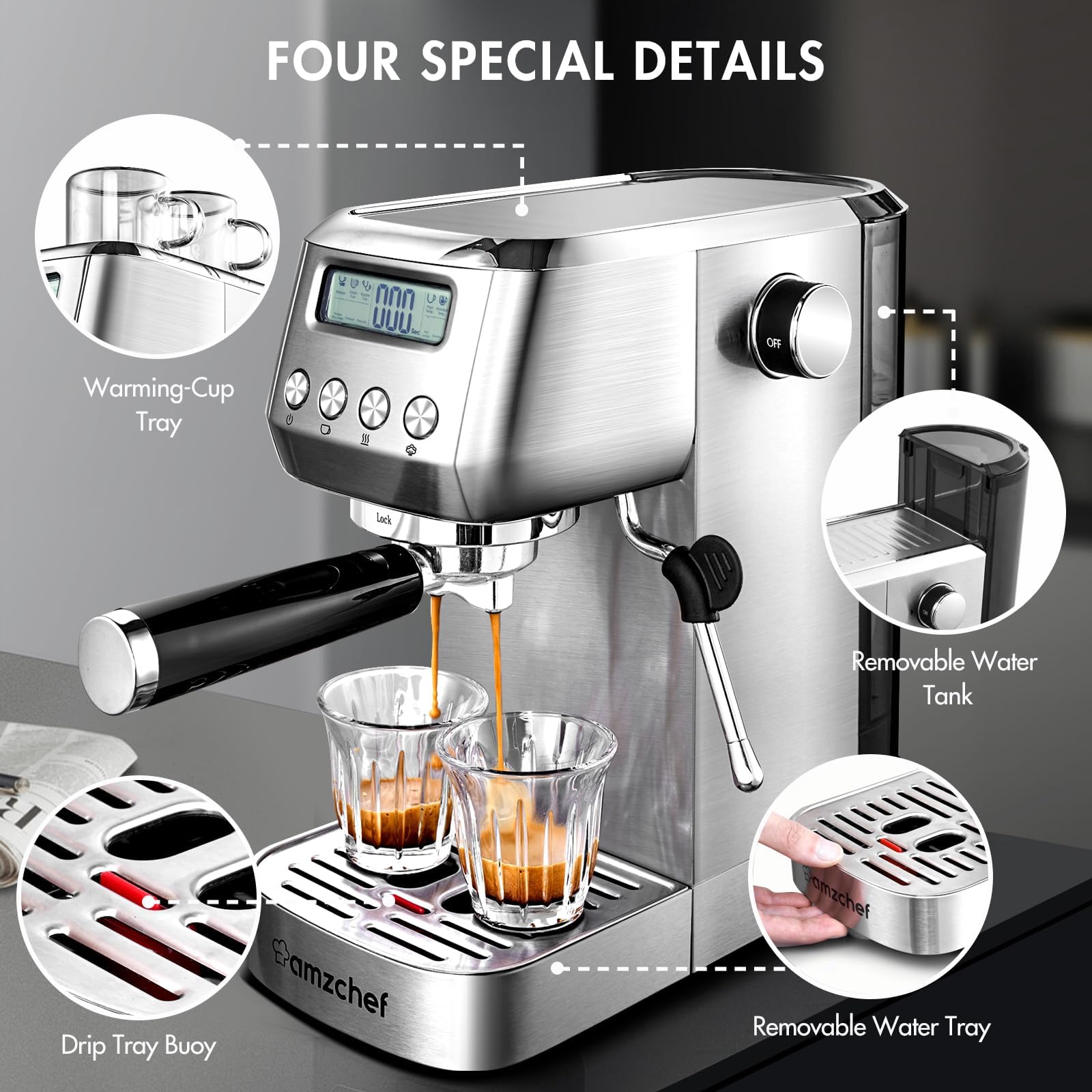 AMZCHEF 20 Bar Espresso Machine with Milk Frother, LCD Display & Adjustable Temperature - Compact Cappuccino Maker for Home, Office, Gifts - Perfect for Coffee Lovers & Entertaining Guests
