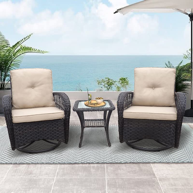 Premium 360° Swivel Wicker Rocker Patio Chairs Set of 3 with Coffee Table & Cushion - Indoor/Outdoor Rattan Bistro Furniture for Porch, Garden & Backyard Relaxation