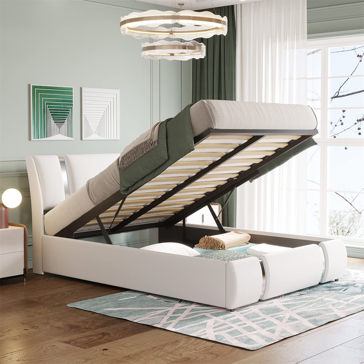 White Full Size Faux Leather Upholstered Platform Bed Frame with Hydraulic Storage System, Headboard & Bentwood Slats - Lift Up Storage Bed for Small Spaces, Guest Rooms & Master Bedrooms