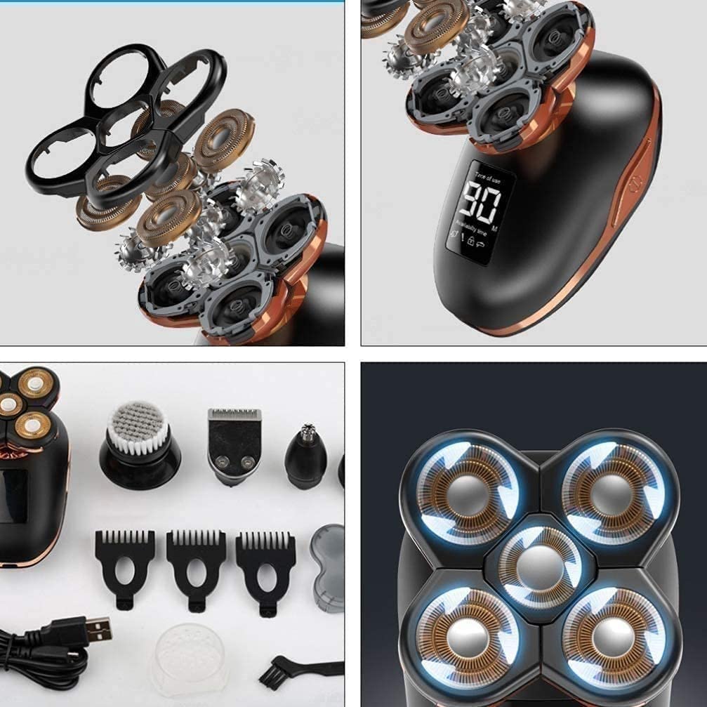 5-in-1 Electric Shaver for Men - Rotary Head Shaver & Beard Trimmer Kit with USB Fast Charging & LED Display - Perfect for Bald Head Shaving & Facial Grooming at Home or Travel (Black)