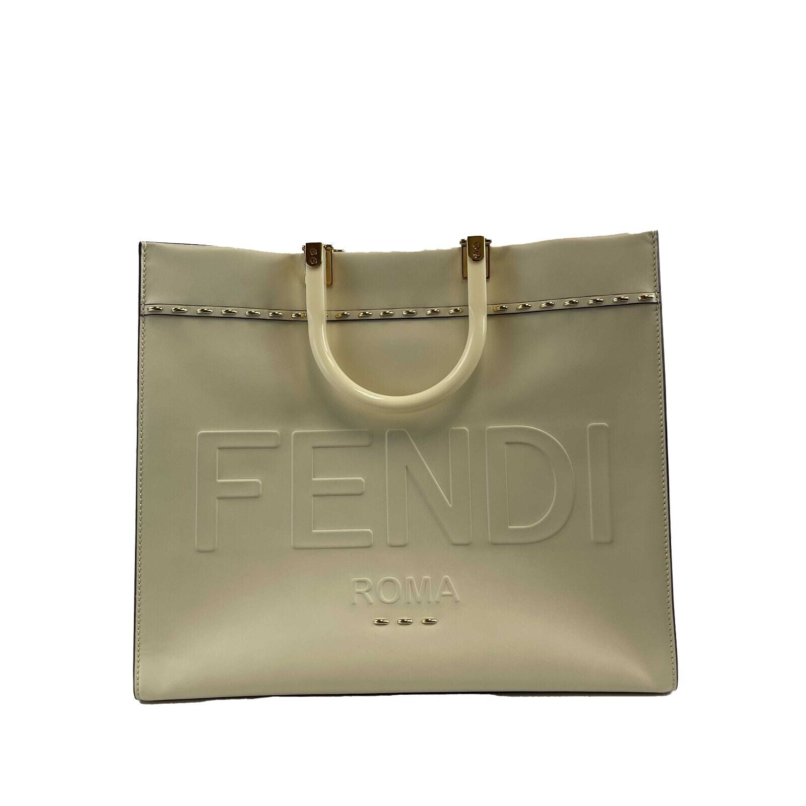 FENDI Plexiglass Handle Sunshine Medium Cream Shopper Tote Bag with Adjustable Shoulder Strap | Luxury Designer Handbag for Women | Perfect for Work, Travel & Everyday Use