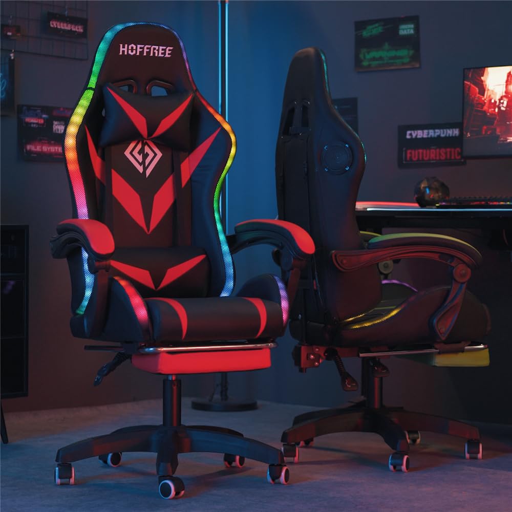 HOFFREE Ergonomic Gaming Chair with Massage, Bluetooth Speakers & LED Lights - High Back Lumbar Support, Adjustable Footrest - RGB Video Game Chair for PC/Console Gaming (Red & Black) - Perfect for Esports, Streaming & Home Office Use