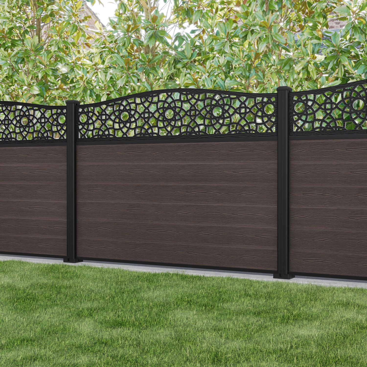 Classic Amber Curved Top Fence Panel - Mid Brown Wood Privacy Screen with Aluminum Posts | Outdoor Garden Fence, Backyard Boundary, and Patio Enclosure