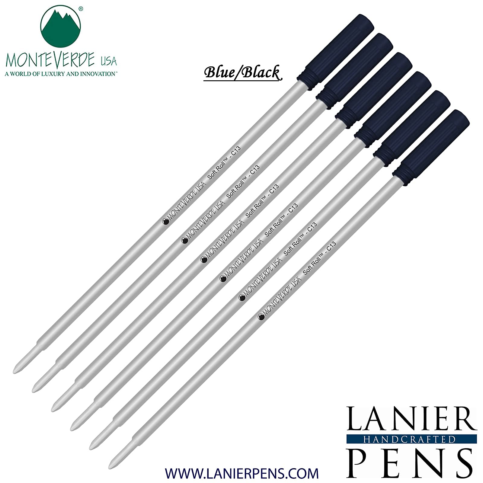 Monteverde Soft Roll Ballpoint C13 Ink Refills - 6 Pack Blue Black (0.7mm Medium Tip) - Cross Style Pen Compatible Refills for Smooth Writing - Perfect for Office, School & Everyday Use