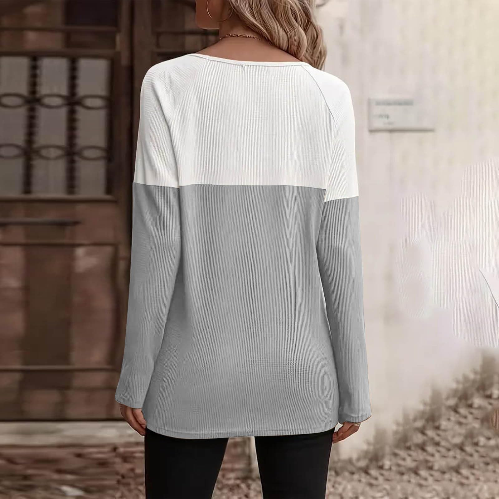 Women's Color Block Waffle Knit Button-Up Long Sleeve Blouse - Fall Fashion Crewneck Loose Pullover Top for Casual Wear & Autumn Outfits