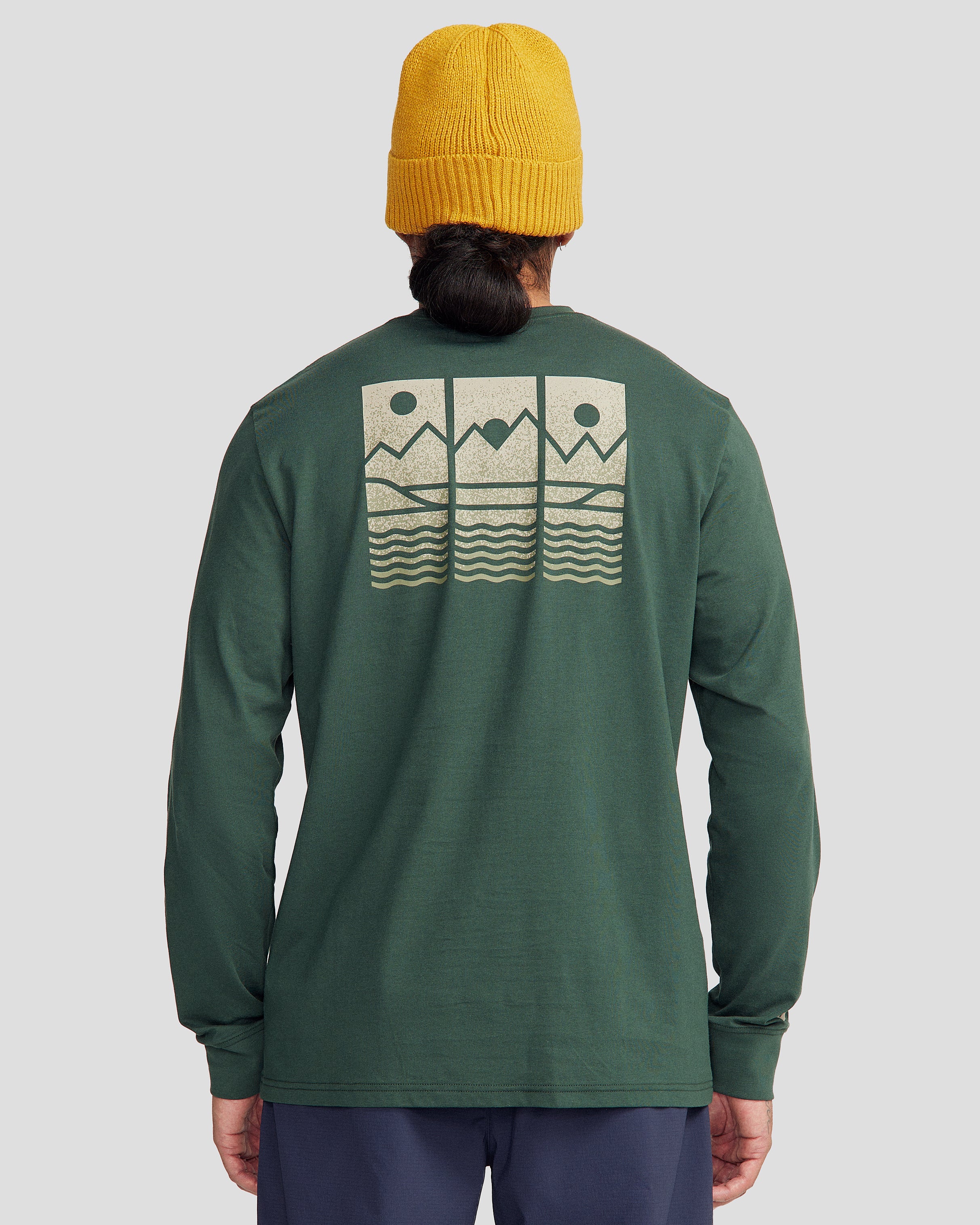 Men's Organic Cotton Long Sleeve T-Shirt - Mountain Triptych Design - Deep Forest Green - Hiking & Outdoor Adventure Wear