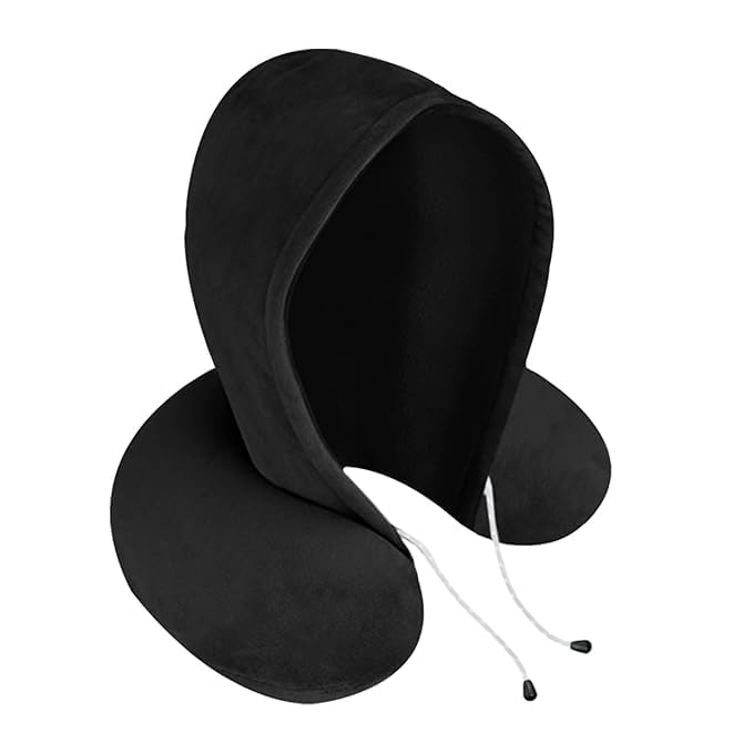 LOTA Travel Neck Pillow with Hood & Air Cushion - Comfortable Airplane Pillow for Neck Support & Pain Relief - Perfect for Long Flights, Train Rides, Road Trips and Office Naps