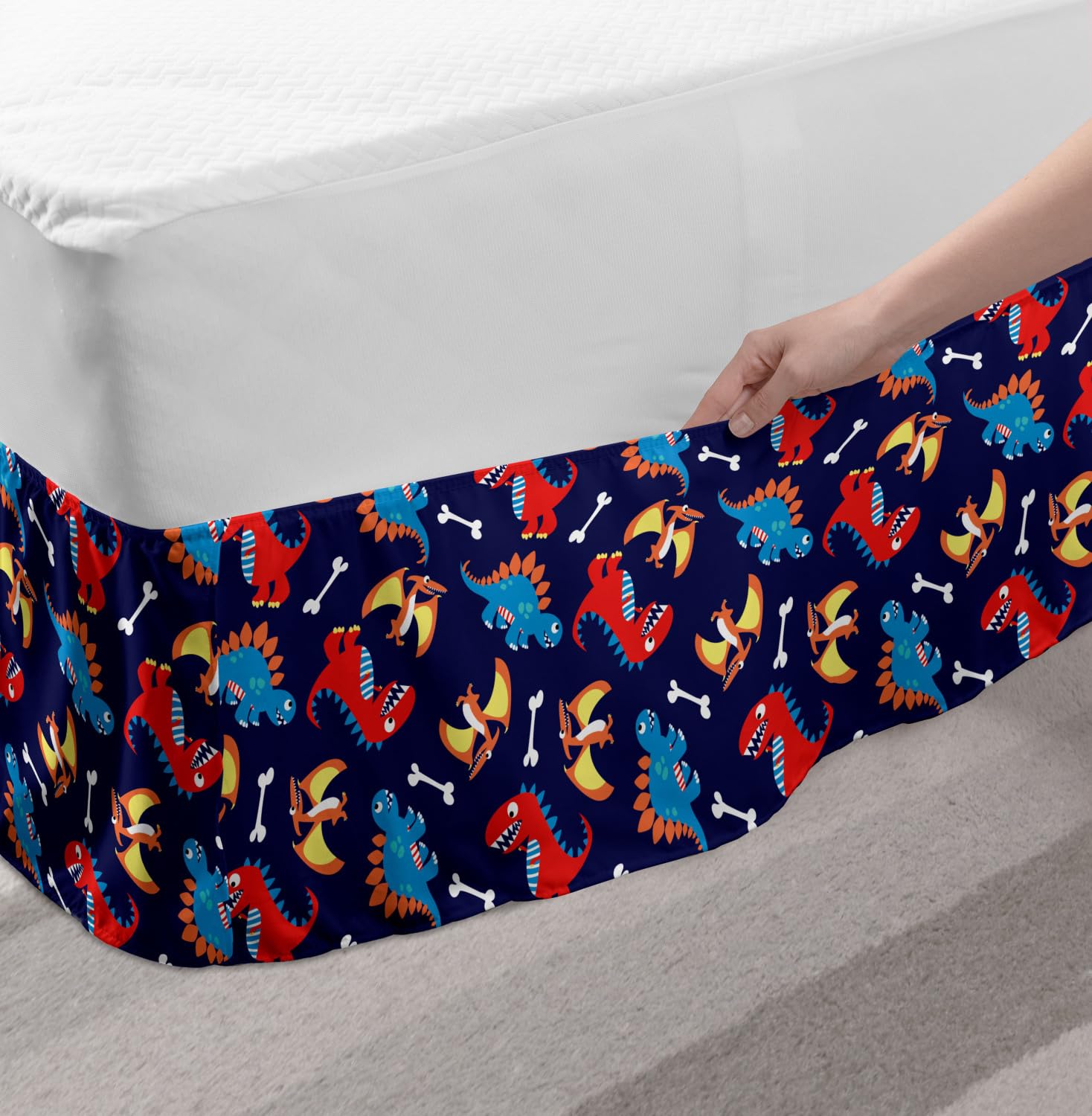 Ambesonne Dinosaur Elastic Bed Skirt - Queen Size Navy Blue, 3D Cartoon Dinosaur Print with Funny Expressions & Bones Design, Wrap Around Fabric Dust Ruffle for Bedroom Decor - Perfect for Kids Room, Dinosaur Themed Nursery or Fun Bedroom Makeover