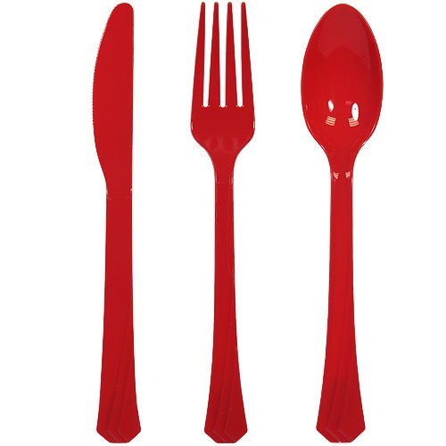 Tiger Chef 72-Piece Heavy Duty Plastic Cutlery Set - 24 Forks, 24 Spoons, 24 Knives in Red, Gold & Black | Durable Disposable Silverware for Parties, Picnics, BBQs & Catering Events