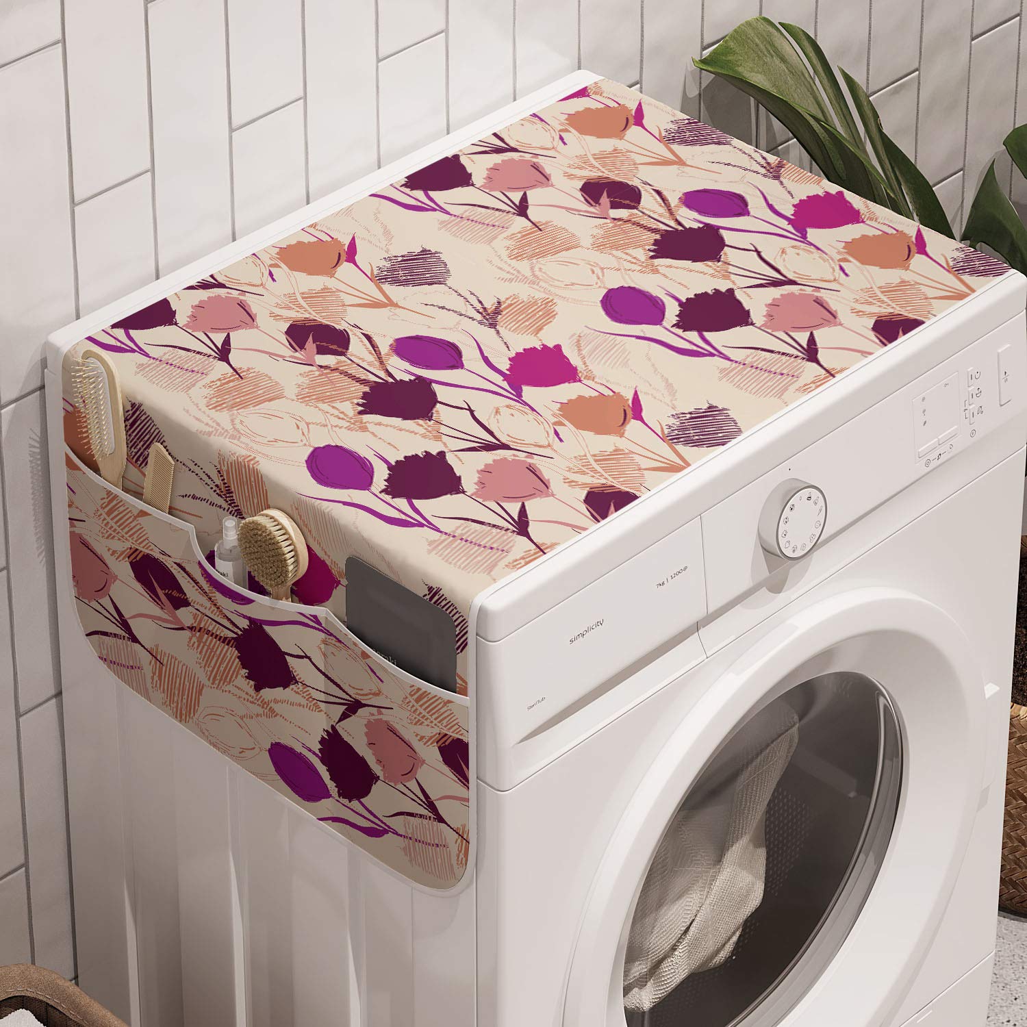 Ambesonne Floral Washing Machine Cover - Anti-Slip Fabric Organizer for Washer & Dryer (47