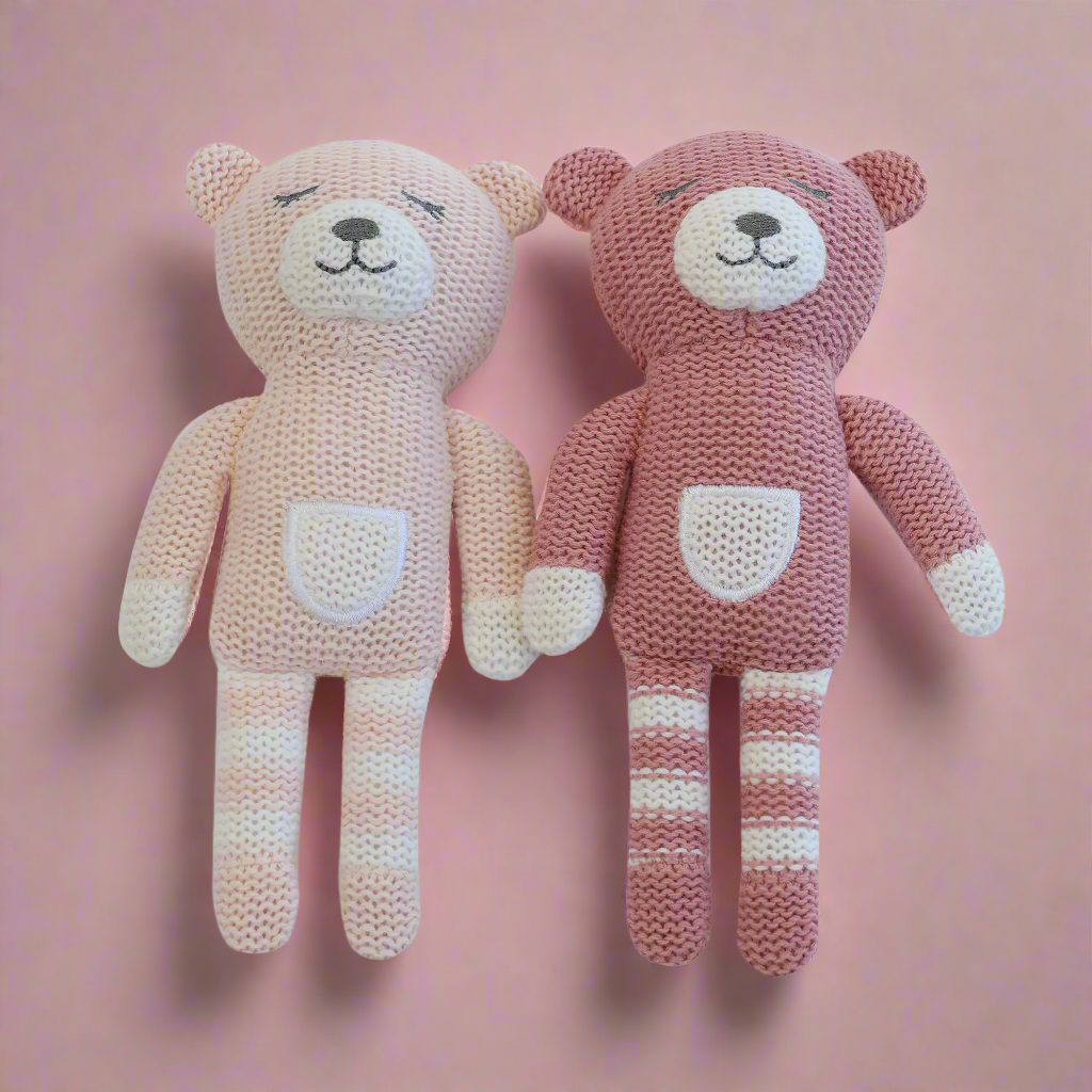 Nordic Style 2-Pack Knit Baby Rattles - Dusty Berry & Rose Bear - Soft & Safe Teething Toys for Newborns & Infants - Perfect for Playtime, Nursery Decor, and Baby Shower Gifts
