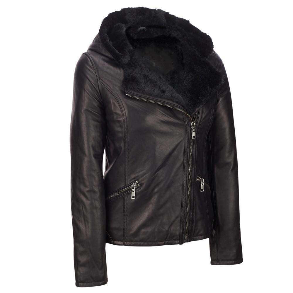 Women's Slim Fit Lambskin Leather Biker Jacket with Hood - Travel Hide TW011 | Stylish Outerwear for Motorcycle Riding & Casual Fashion