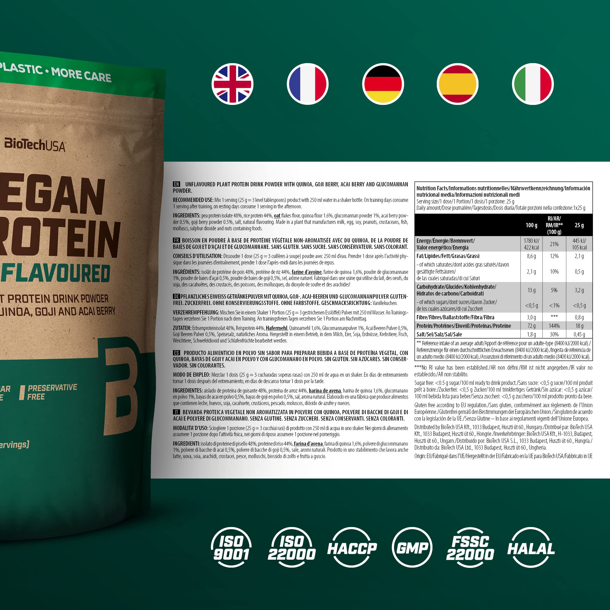 BioTechUSA Vegan Protein Powder - Plant-Based, Unflavored, 500g for Muscle Recovery & Post-Workout Nutrition | Ideal for Smoothies, Baking & Vegan Fitness Enthusiasts