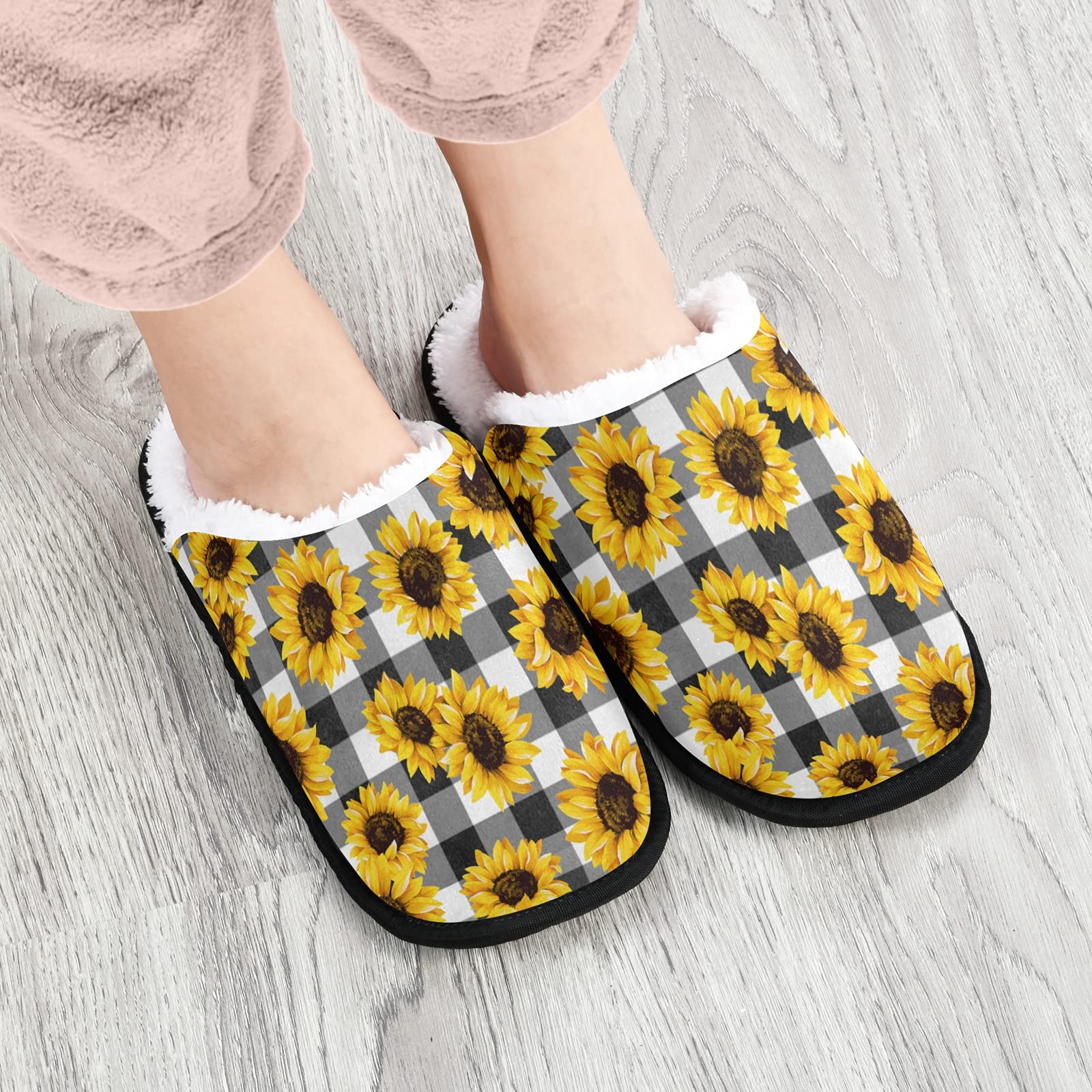 Yellow Sunflower Soft House Slippers - Buffalo Check Plaid Non-Slip Indoor Shoes for Men & Women | Cozy Home, Spa & Lounge Wear