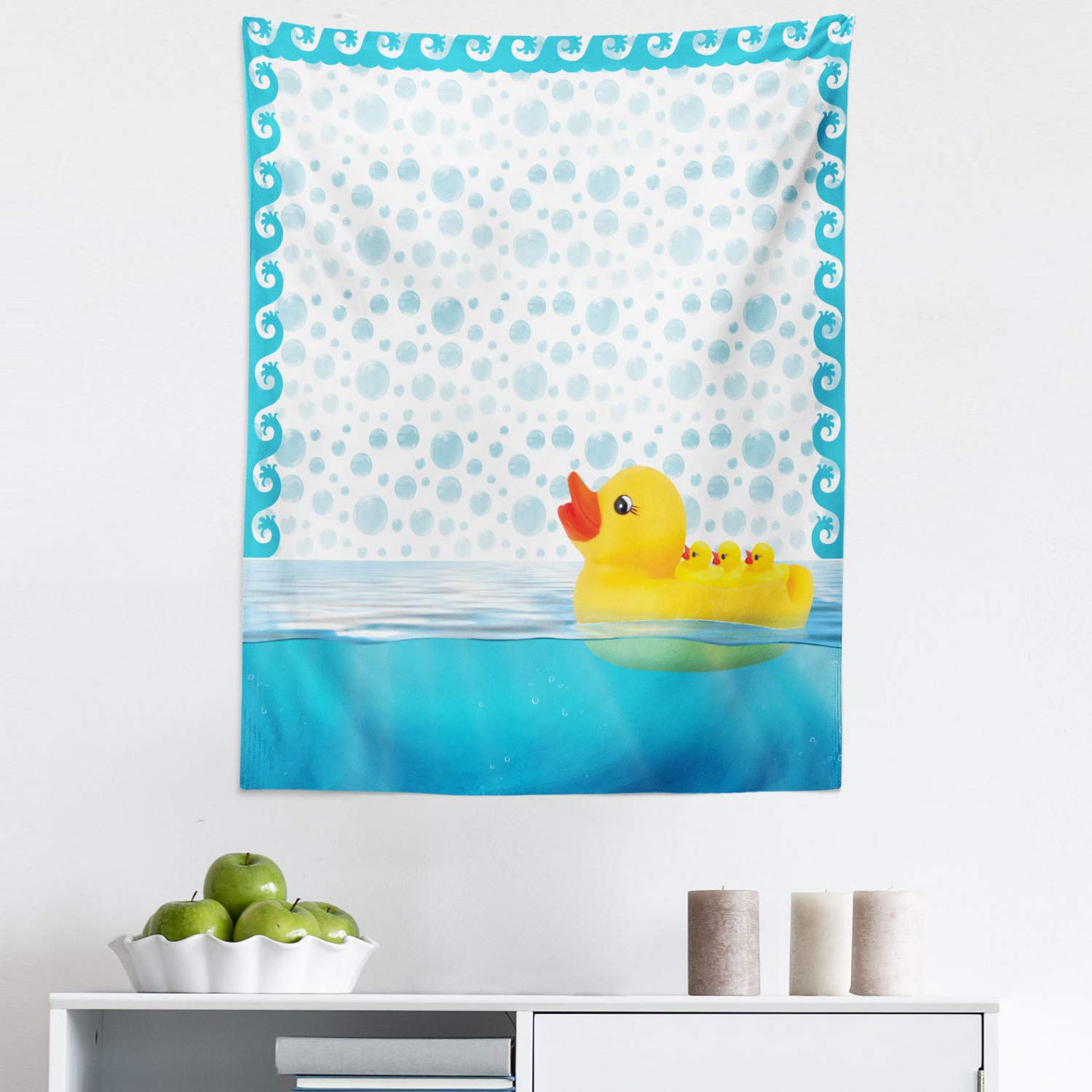 Ambesonne King Size Yellow Duck Tapestry - Funny Swimming Rubber Duck with Bubbles & Waves Print - 23x28 Inch Wall Hanging, Bedspread, Bed Cover - Sky Blue Yellow White Wall Decor for Kids Room, Nursery, Bathroom or Dorm