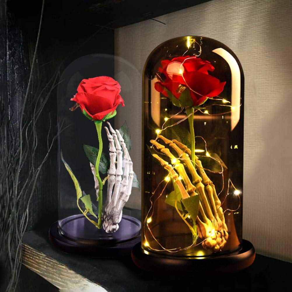 Glass Dome Rose Light with Skeleton Hand - Romantic Silk Rose in Glass Display, LED Decorative Gift for Valentine's Day, Wedding, Anniversary, Mother's Day, Birthday & Party Decor | Perfect for Home Decor, Bedroom Night Light, Wedding Centerpiece & Gift Giving