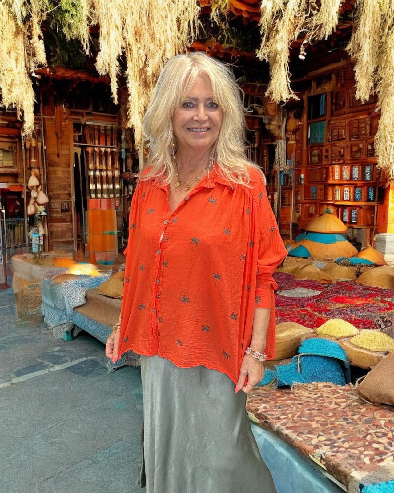Orange Palm Print Blouse for Women - Trendy Floral Summer Top - Perfect for Beach Vacation, Date Night & Casual Outings