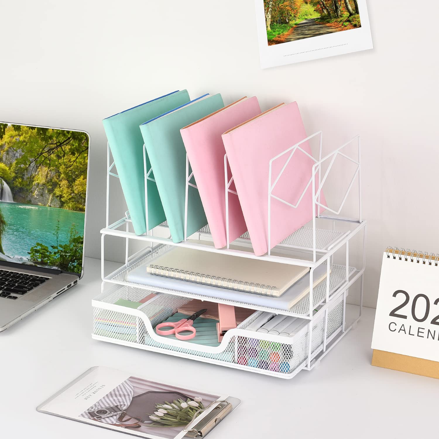 Gianotter White Desk Organizer with Sliding Drawer & Double Tray - 5-Section File Sorter for Office Supplies | Perfect for Home Office, School & Workspace Organization