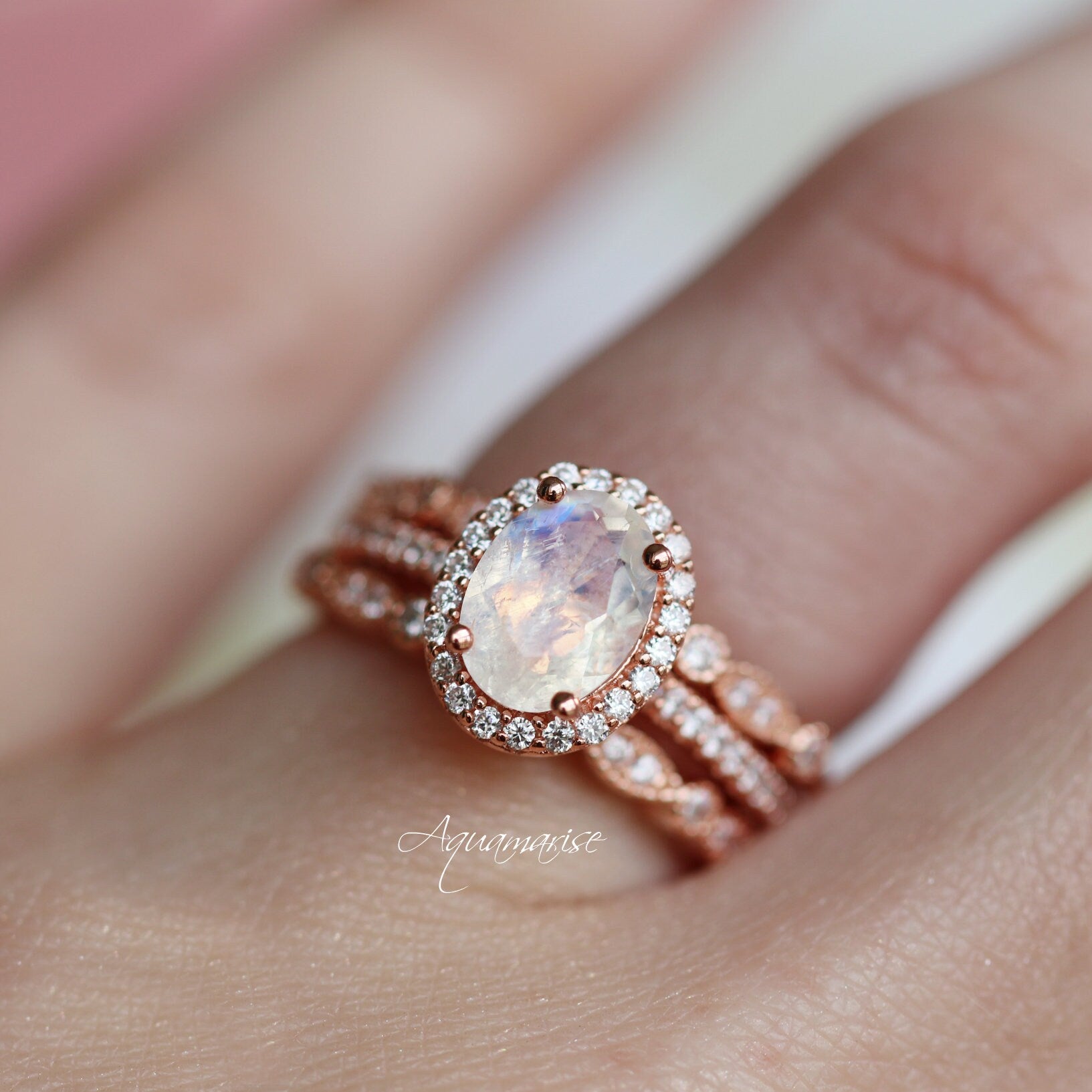 14K Rose Gold Vermeil Iris Rainbow Moonstone Ring - Elegant Jewelry for Women, Perfect for Weddings, Parties & Gifts