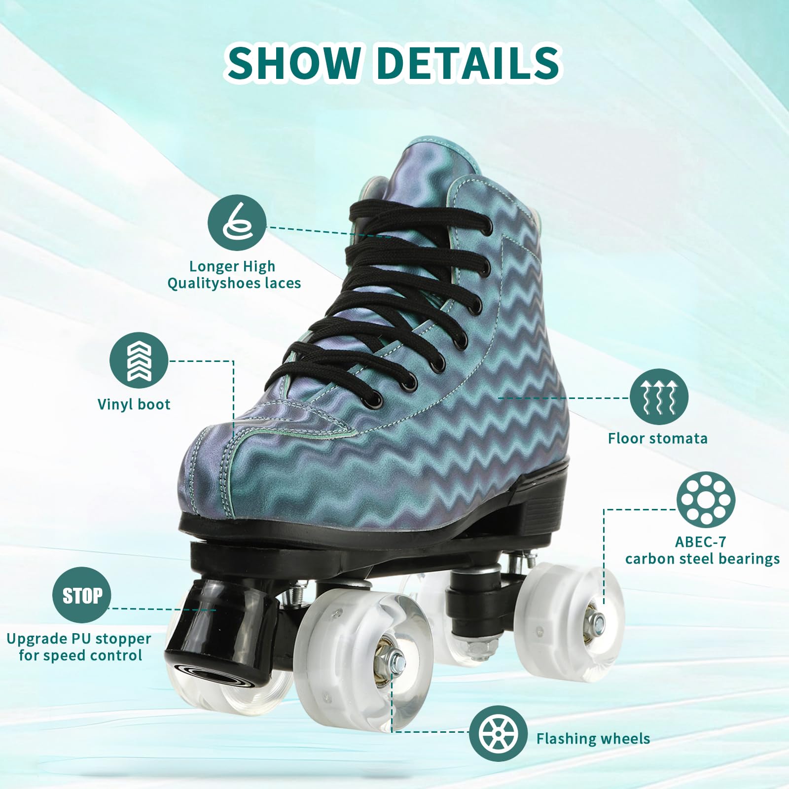 MilkyWay Unisex Roller Skates for Adults & Kids - High-Top Quad Skates with Double Row Wheels & Lightning Design - Perfect for Beginners, Indoor & Outdoor Skating, Rink Parties, Fitness & Fun