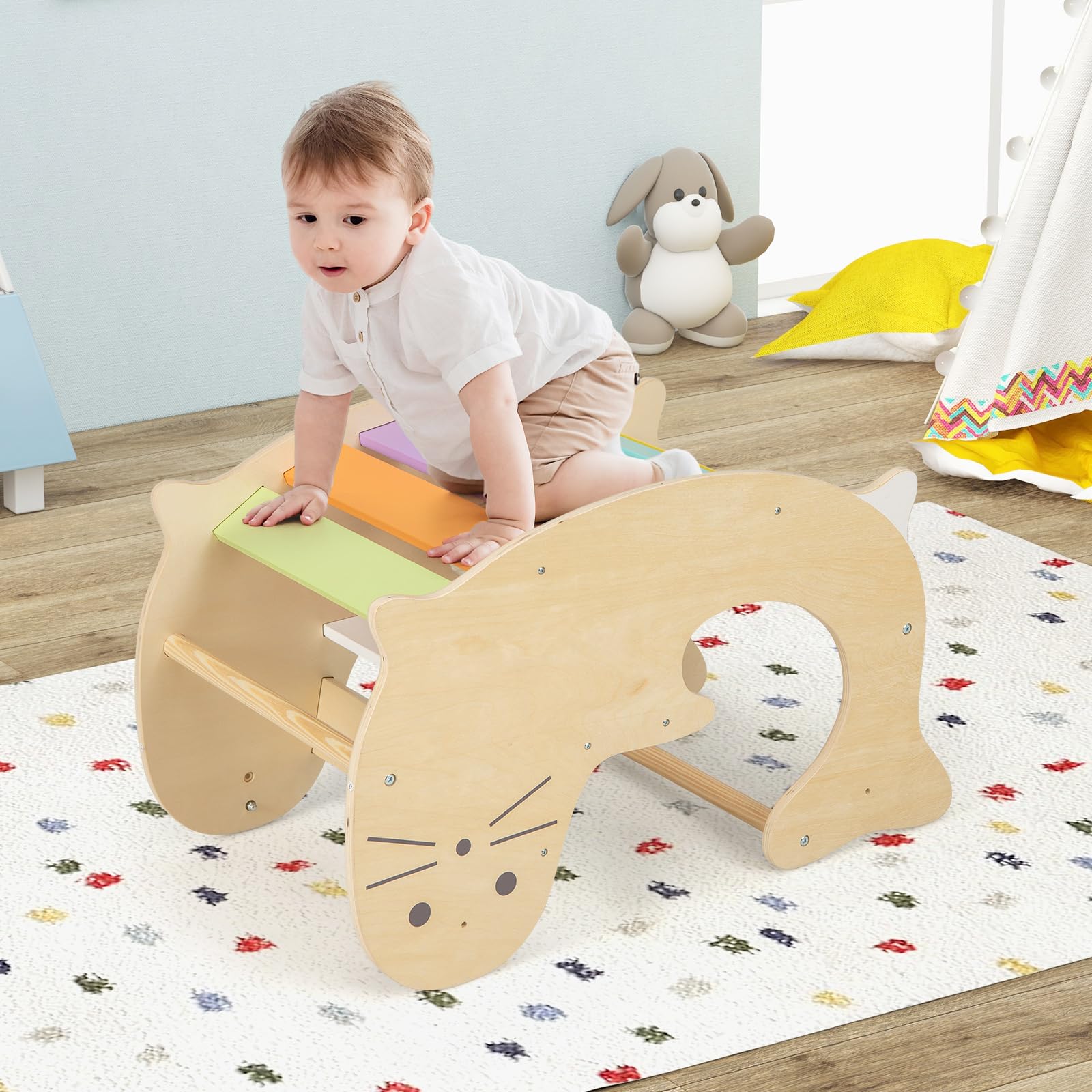 OLAKIDS 3-in-1 Montessori Wooden Climbing Toy Set - Pikler Triangle Arch, Rocker & Ladder for Toddlers | Indoor Play Gym for Boys & Girls | Perfect for Home Playrooms, Daycares & Preschools