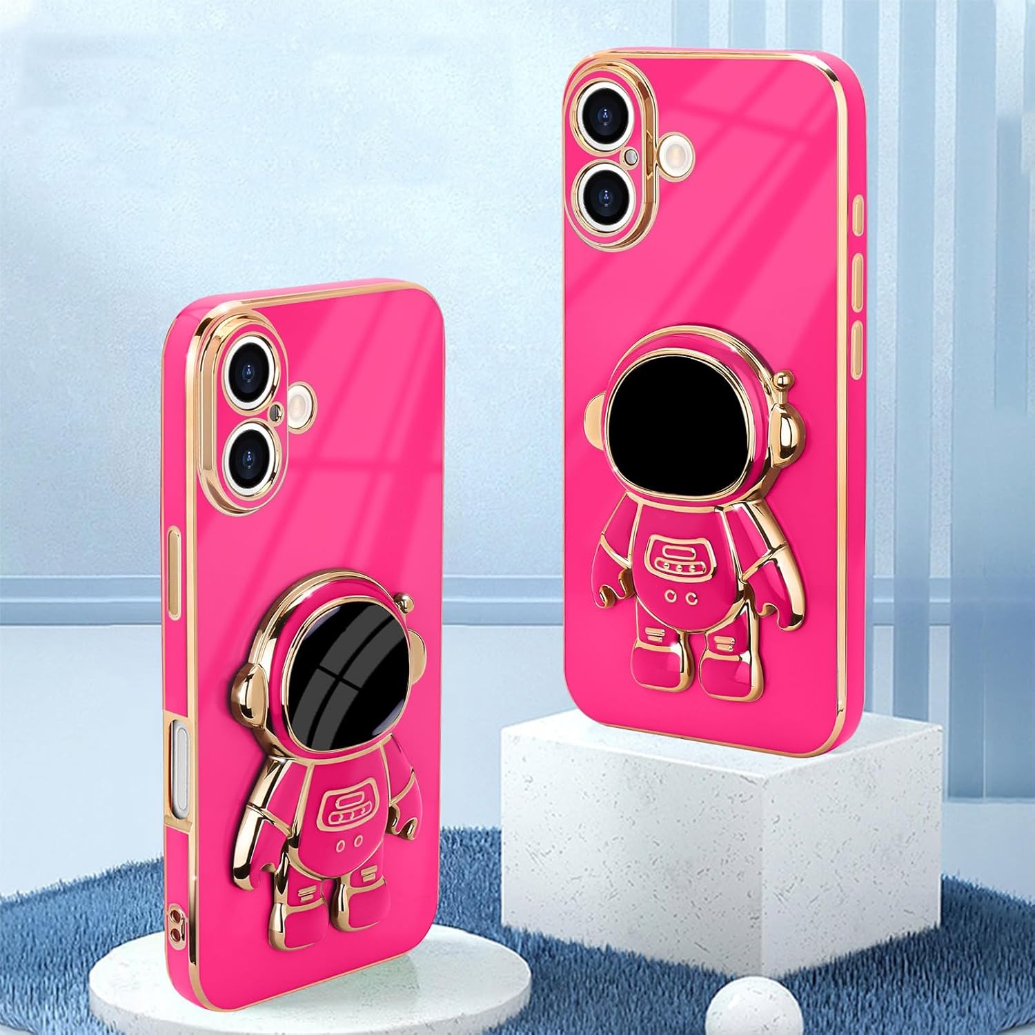**3D Astronaut iPhone 16 Case - Cute Bling Soft Silicone Phone Cover in Hot Pink | Perfect for Everyday Protection & Stylish Outfits**