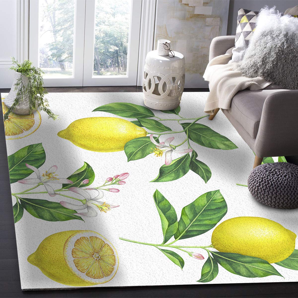 Nature Large Area Rugs 3' x 5' - Soft Throw Carpet Floor Cover for Nursery & Kids Room | Exotic Lemon Tree Branches Design Modern Kitchen Mat - Perfect for Living Room, Bedroom & Kitchen Decor