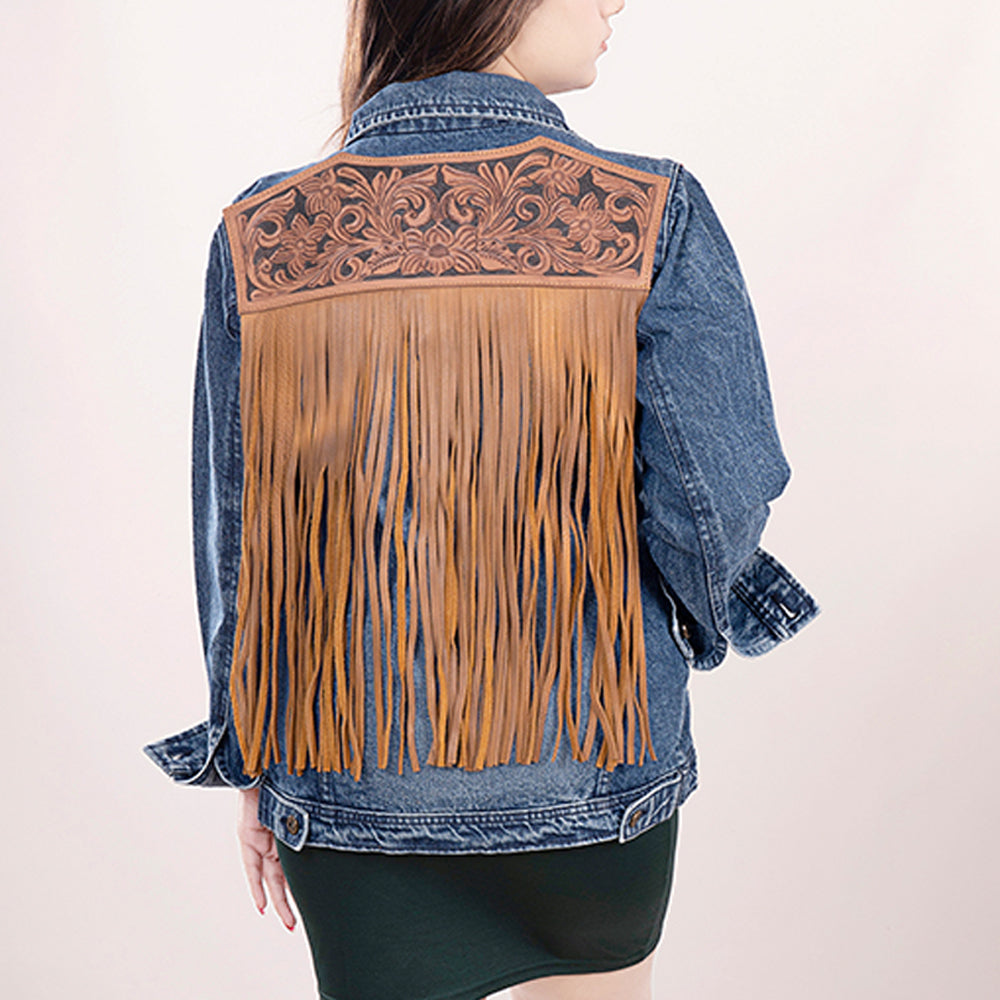 ADJKT008 Genuine Leather Hand-Tooled Denim Jacket for Women - 100% Cotton Hand-Carved Western Style Jacket - Perfect for Casual Outfits, Country Music Festivals & Boho Fashion